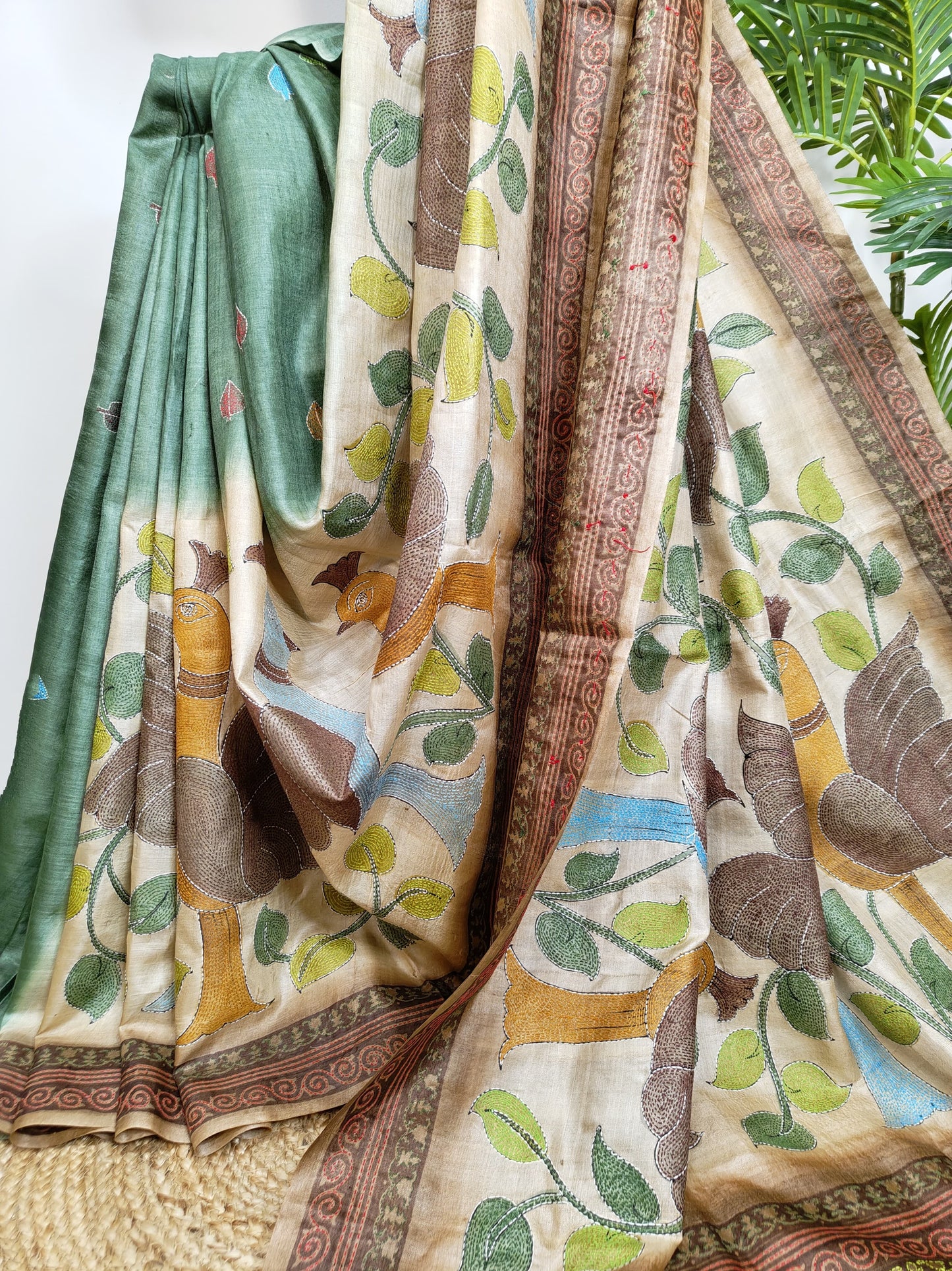 Sold Out Pure Tussar Gachi Silk Kantha Saree– An Artistic Contemporary festive Saree-Sold in Bangalore