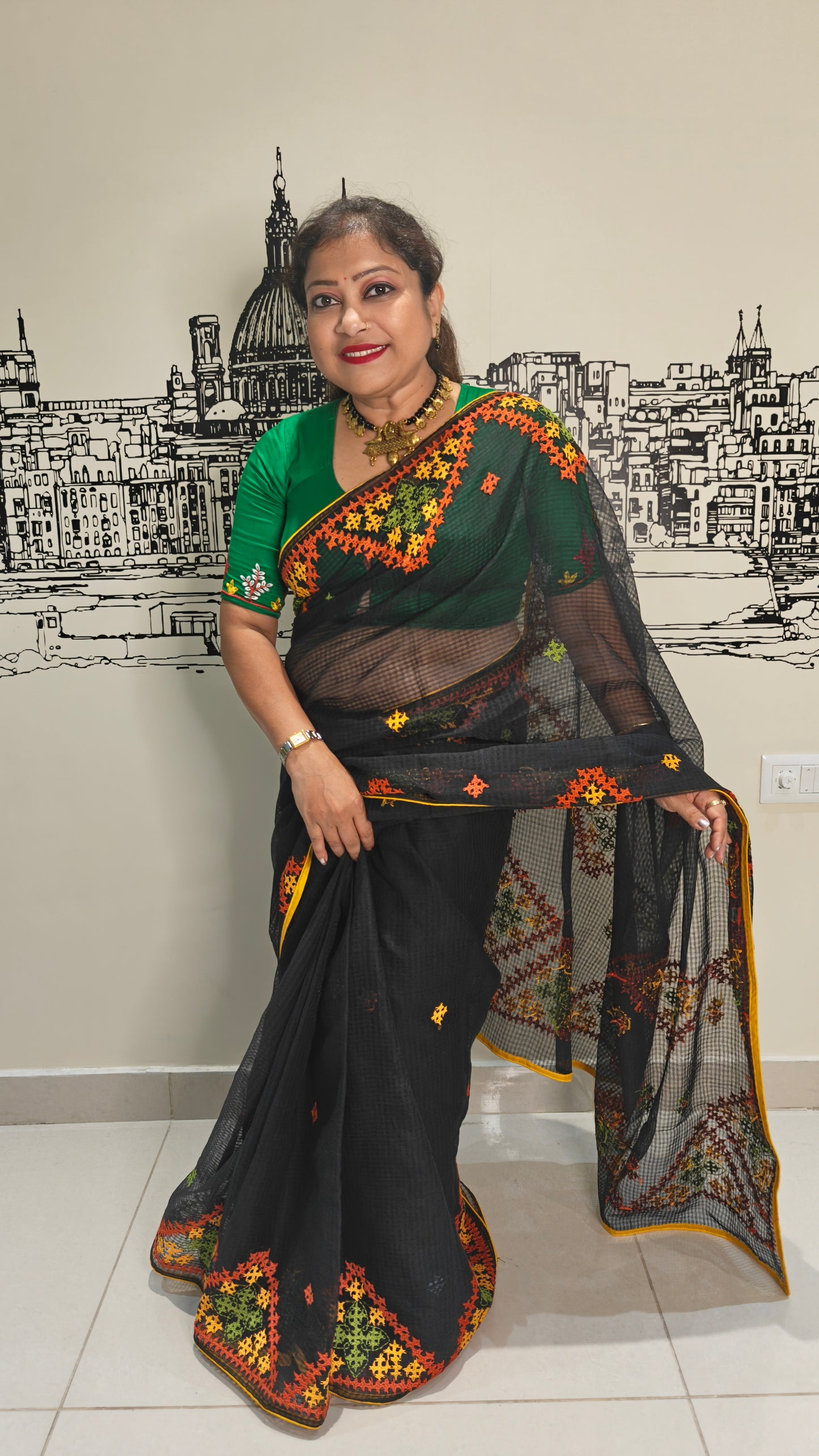 Pure Resham Kota Saree with Gujarati and Kutch Hand Embroidery