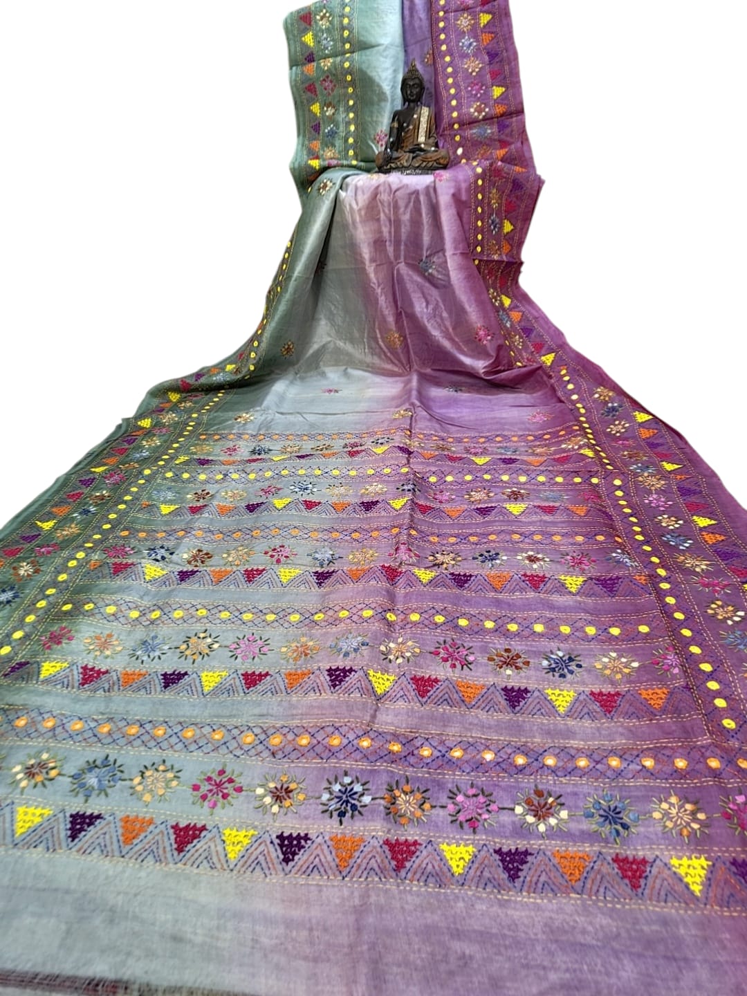 Sold out Pure Tussar Silk Saree with Vibrant Dye and Handcrafted Lumbani Embroidery-Sold in Bangalore