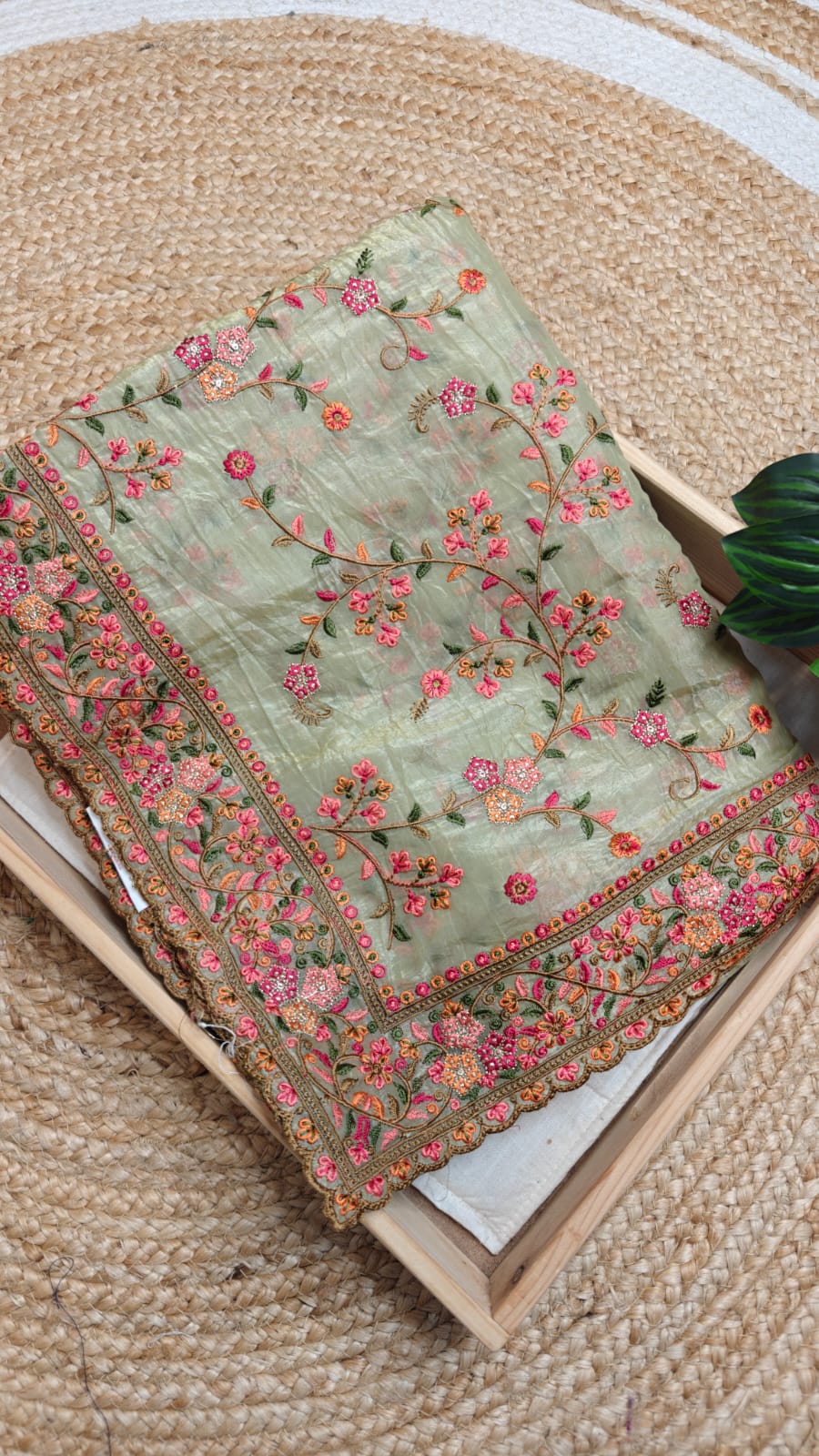 Glass Tissue Embroidered Saree – Light Green Radiance for Your Special Day