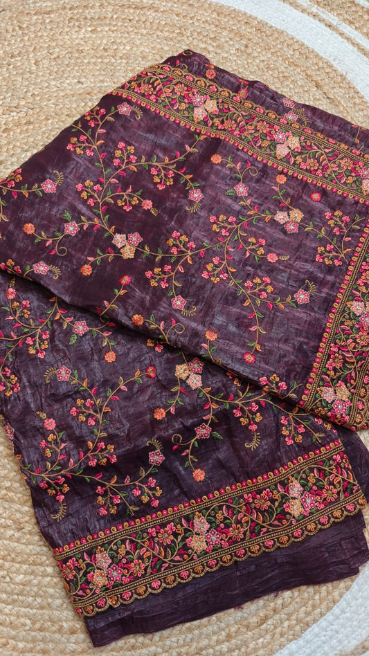 Glass Tissue Embroidered Saree – Wine-Hued Elegance for Your Special Day