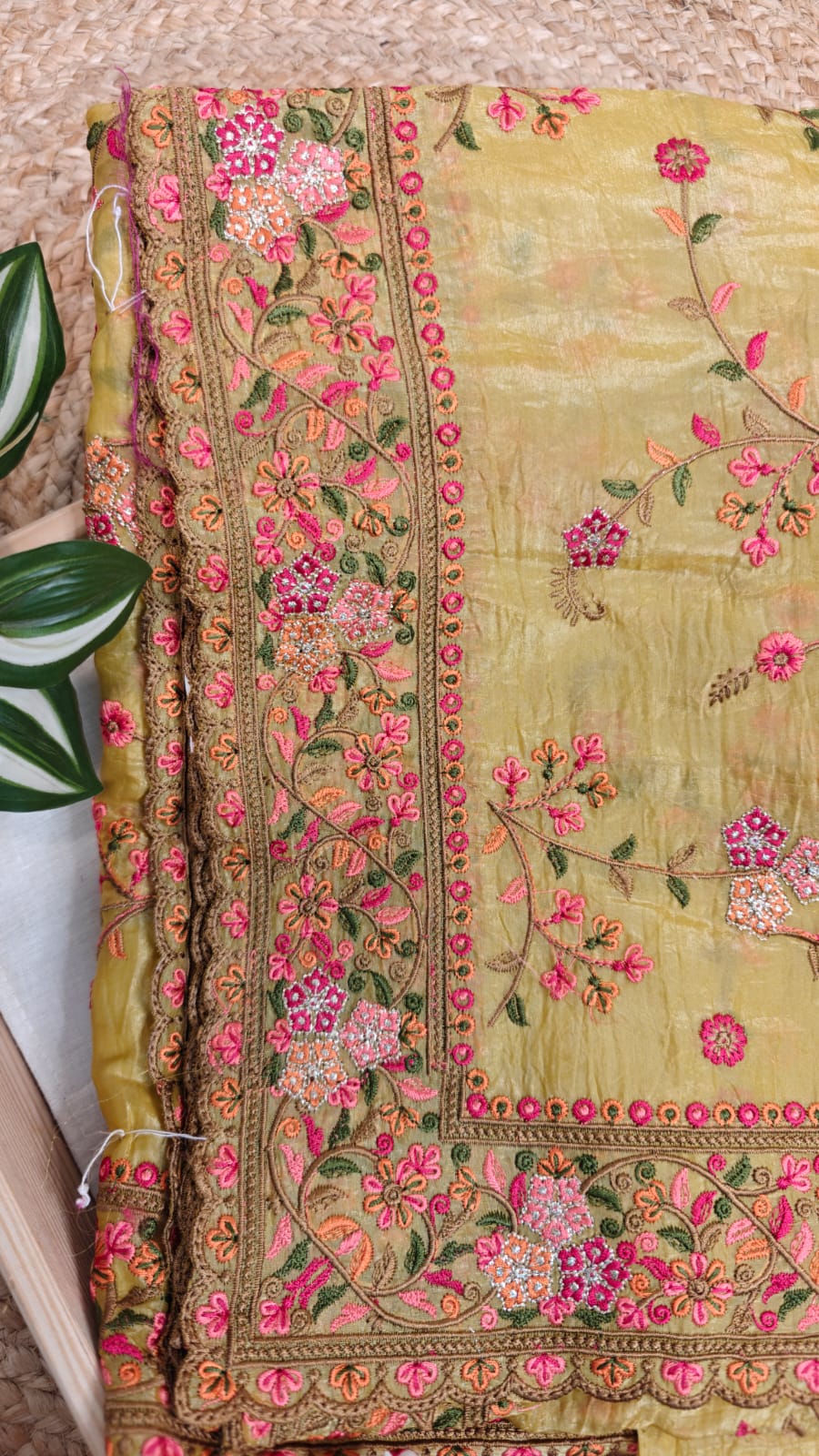 Glass Tissue Embroidered Saree โ Light Mustard Yellow Glow for Your Special Day