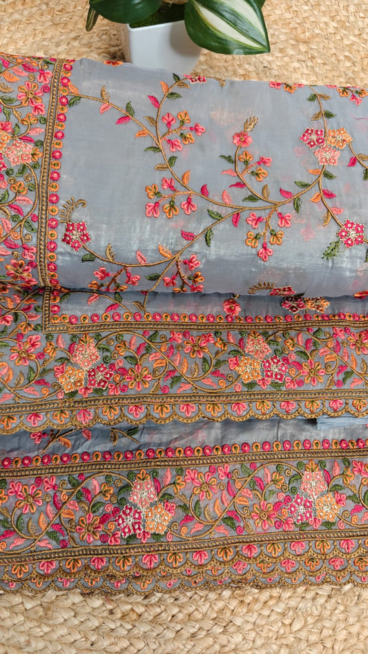 Glass Tissue Embroidered Saree – Grey Grace for Your Grand Entrance