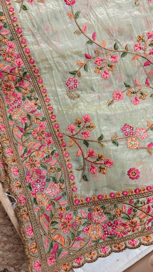 Glass Tissue Embroidered Saree – Light Green Radiance for Your Special Day