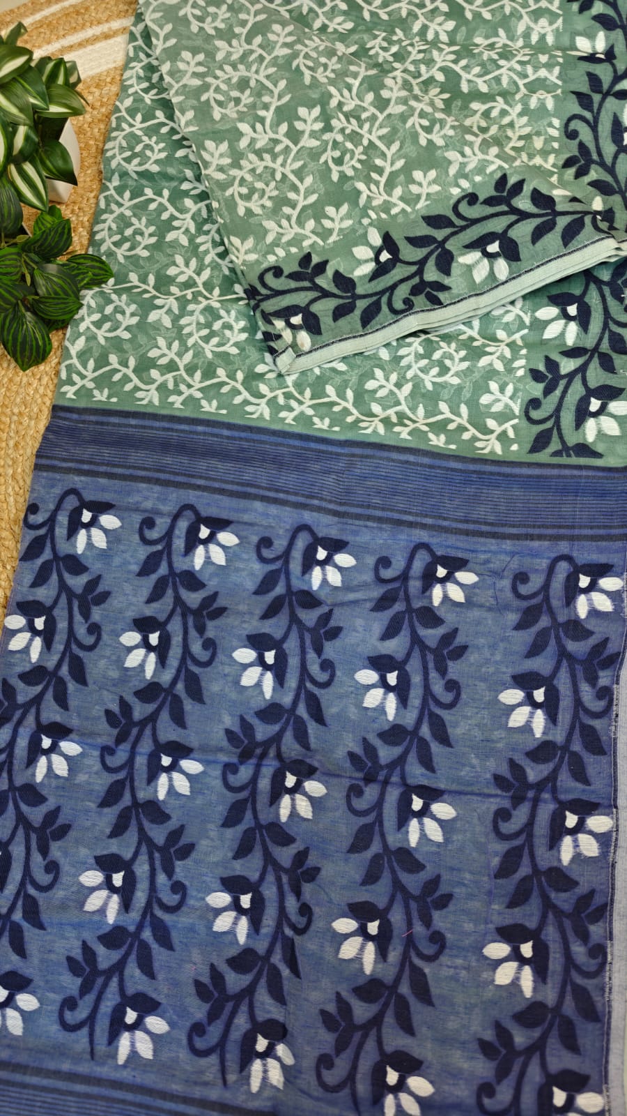 Bengal Jamdani Saree Bright Pista Green Pure Cotton-Whispers of Indigo and Leaf