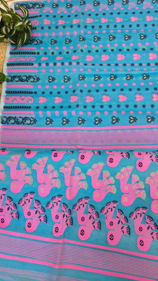 Bengal Jamdani Saree Sky Blue Pure Cotton – Threads of Contrast and Tradition