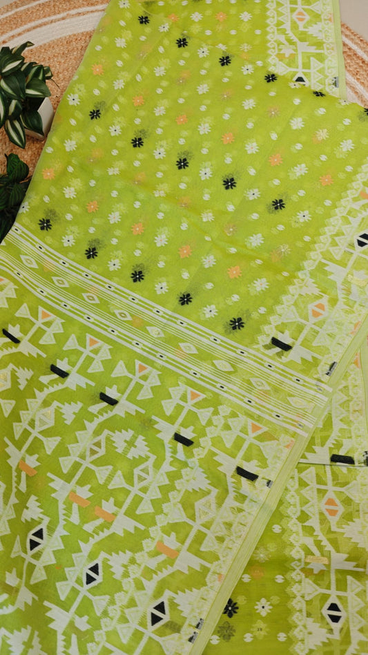 Bengal Jamdani Saree Bright Lime Green Pure Cotton –Korat Elegance in Every Thread