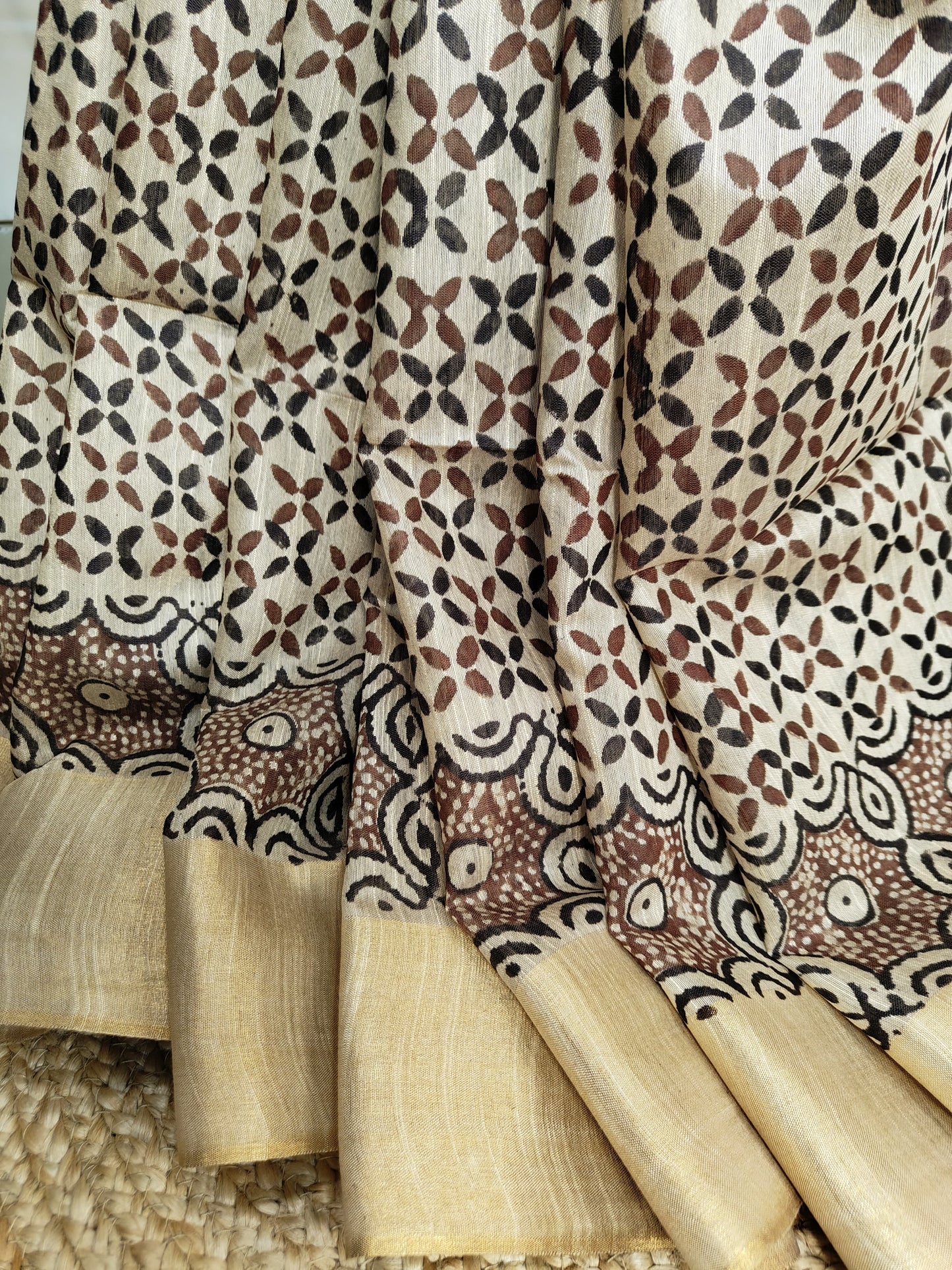 Azrak Print Saree on Premium Quality Tussar Fabric in Coffee Brown, Black and Beige colour Combination