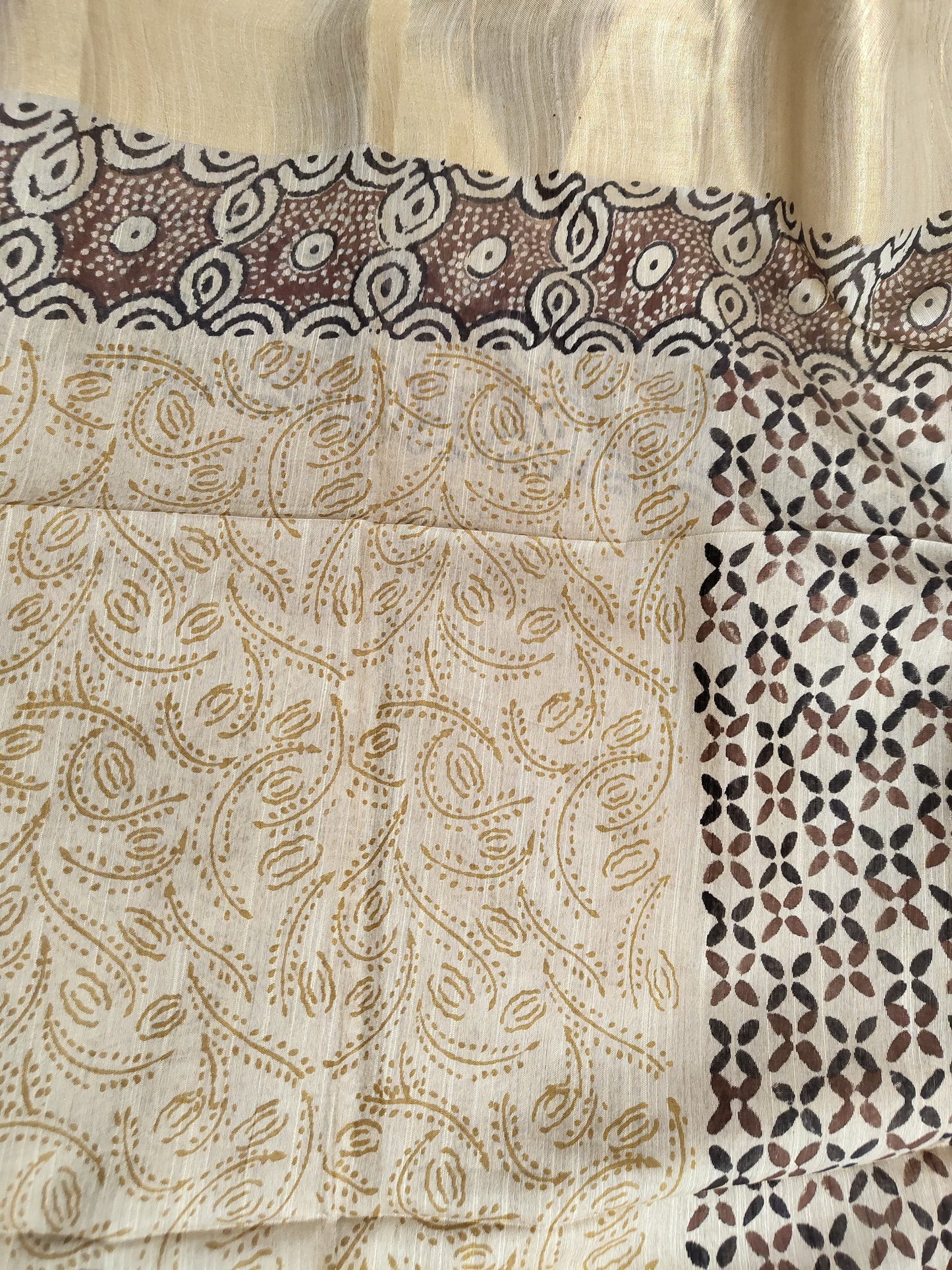 Azrak Print Saree on Premium Quality Tussar Fabric in Coffee Brown, Black and Beige colour Combination