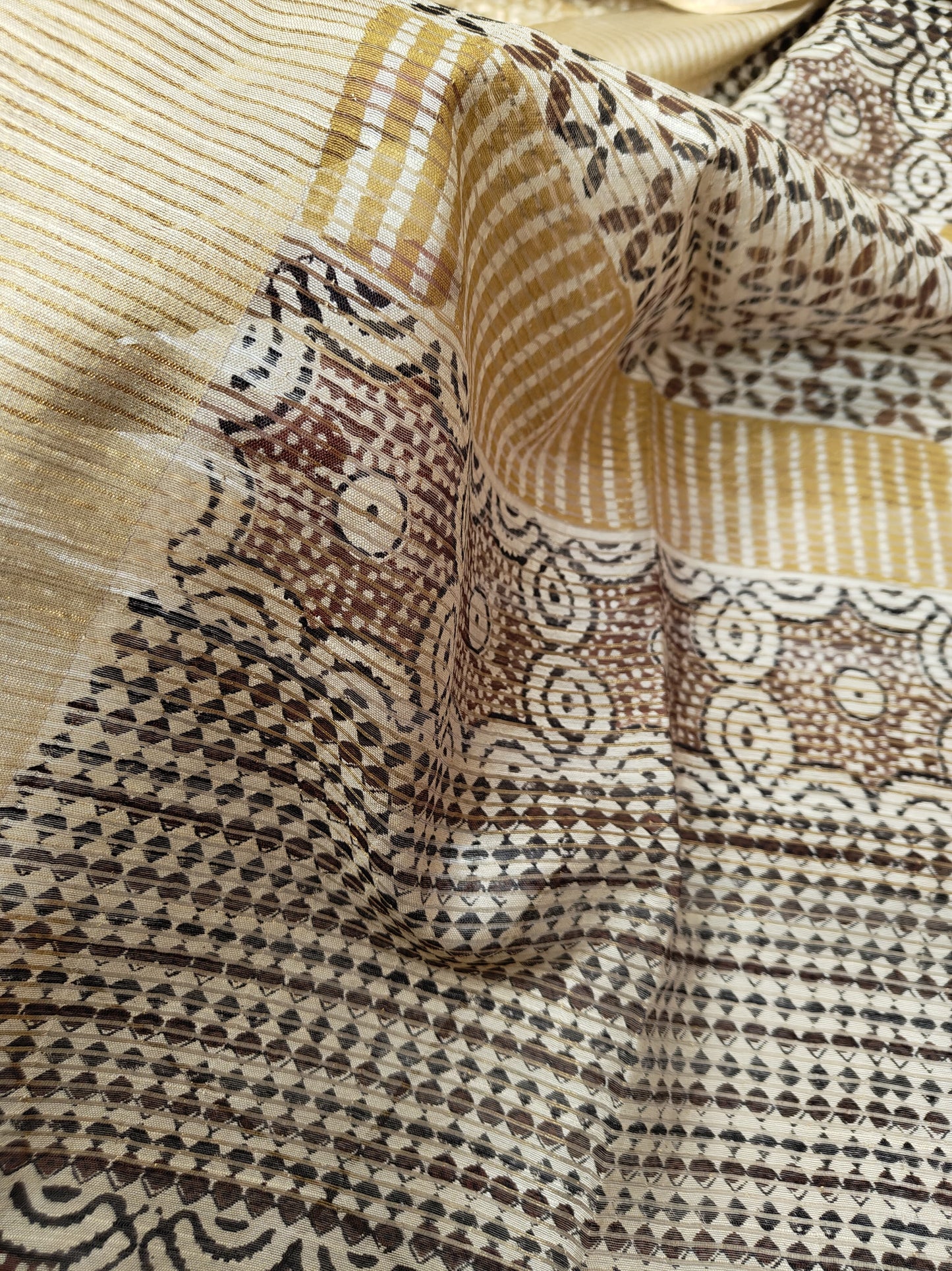 Azrak Print Saree on Premium Quality Tussar Fabric in Coffee Brown, Black and Beige colour Combination