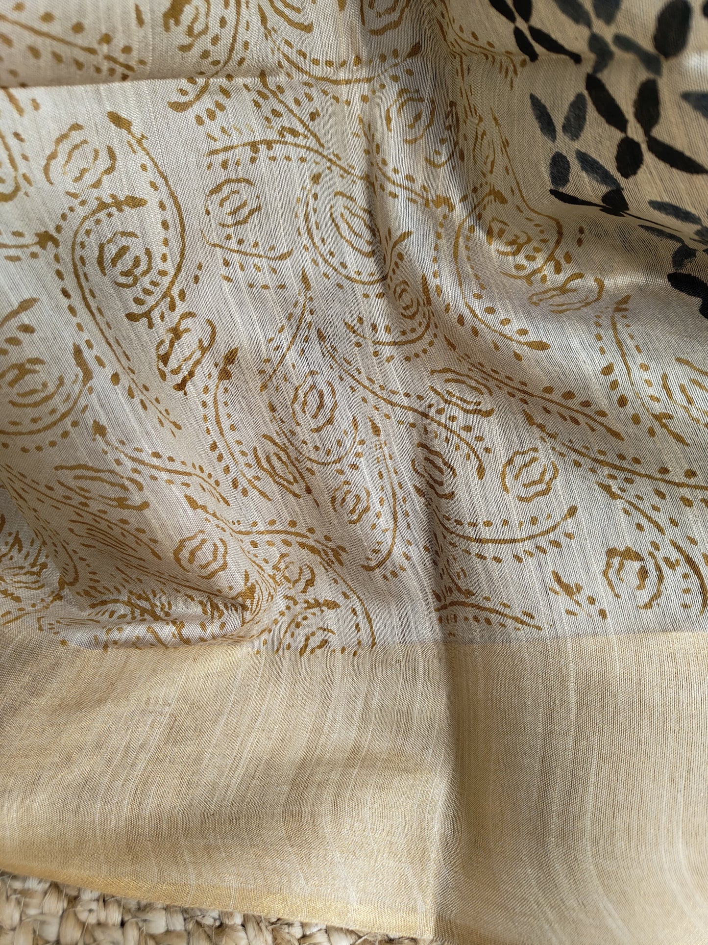 Azrak Print Saree on Premium Quality Tussar Fabric in Fern Blue, Black and Beige colour Combination