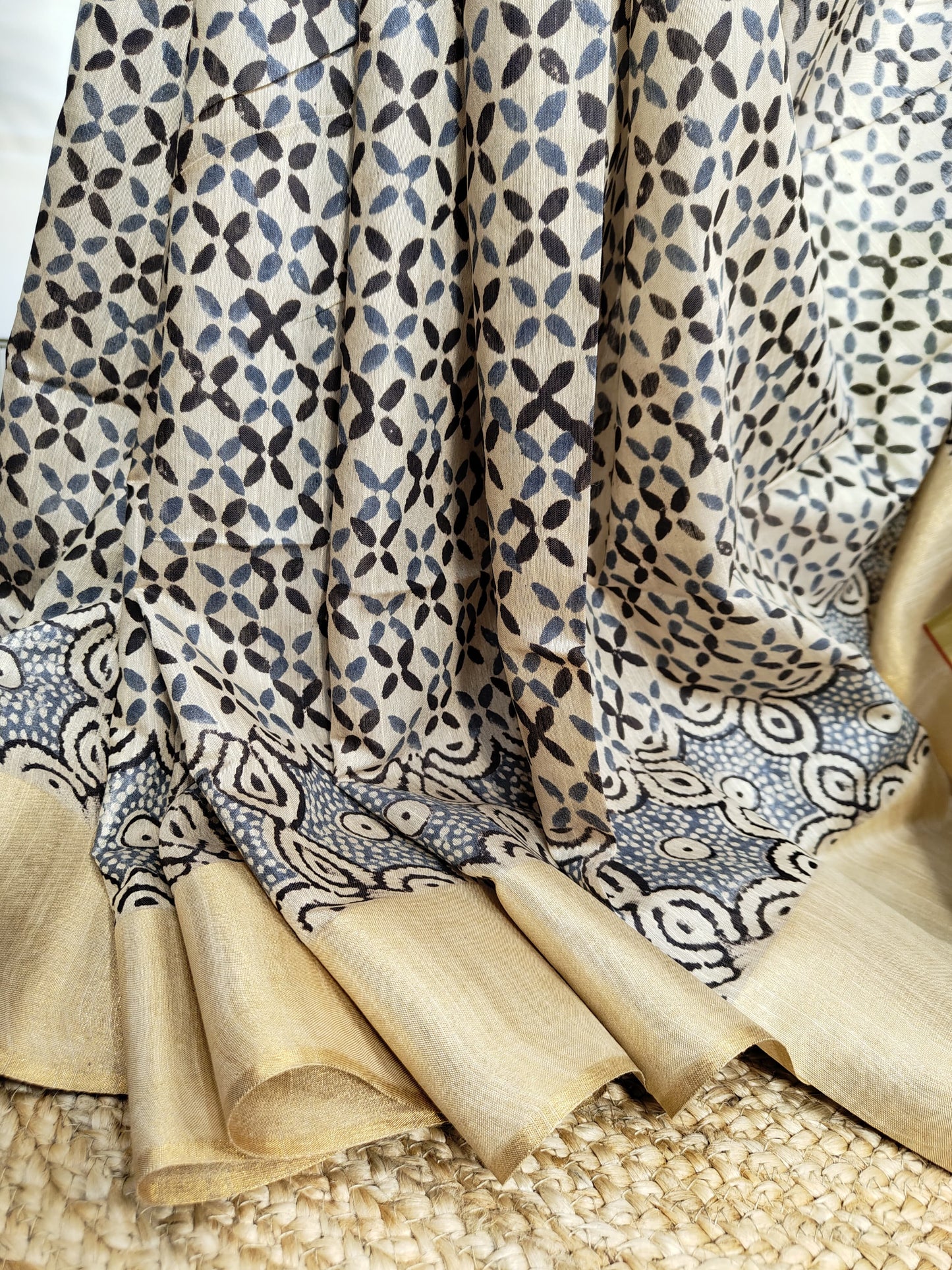 Azrak Print Saree on Premium Quality Tussar Fabric in Fern Blue, Black and Beige colour Combination
