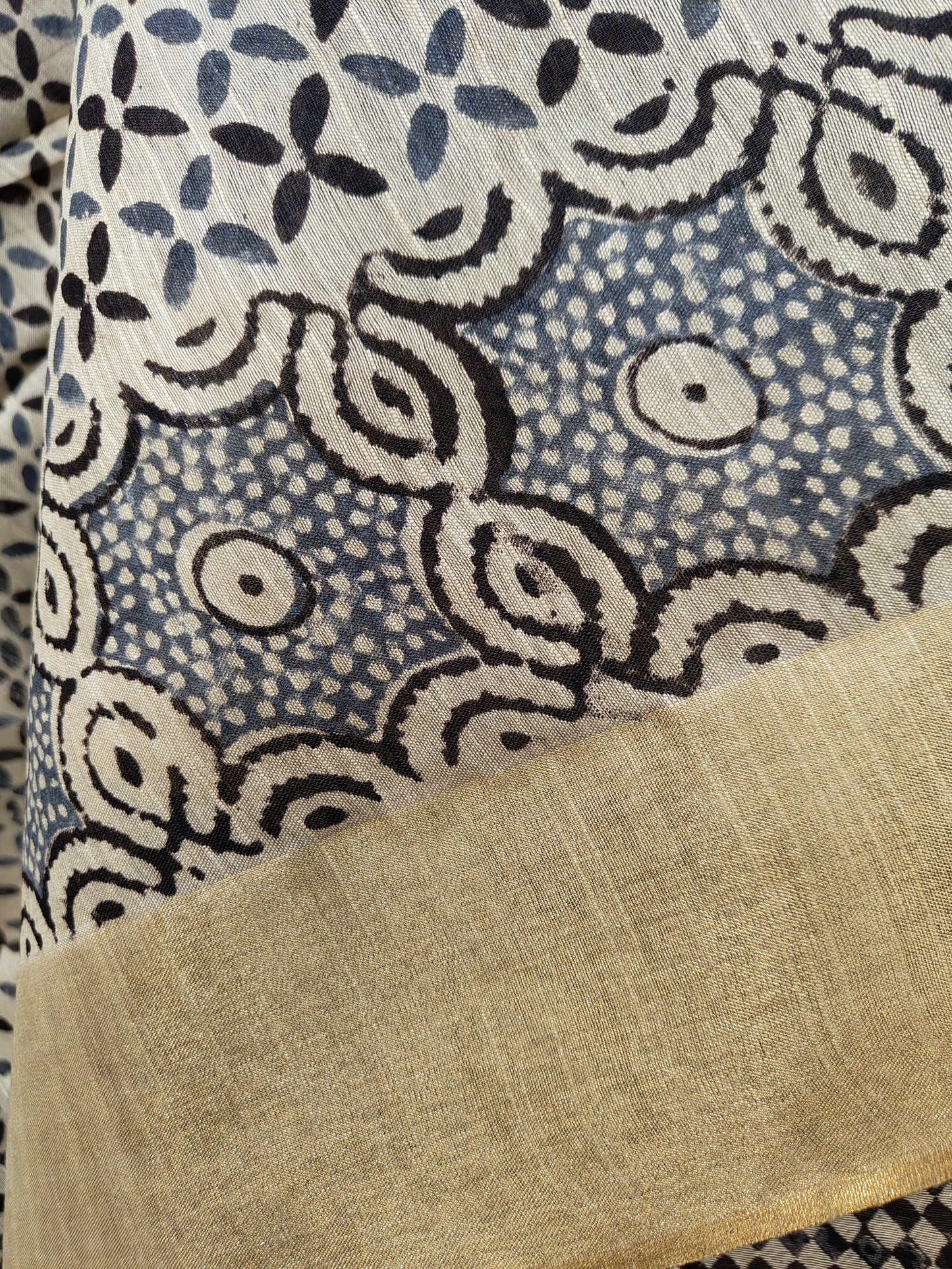 Azrak Print Saree on Premium Quality Tussar Fabric in Fern Blue, Black and Beige colour Combination