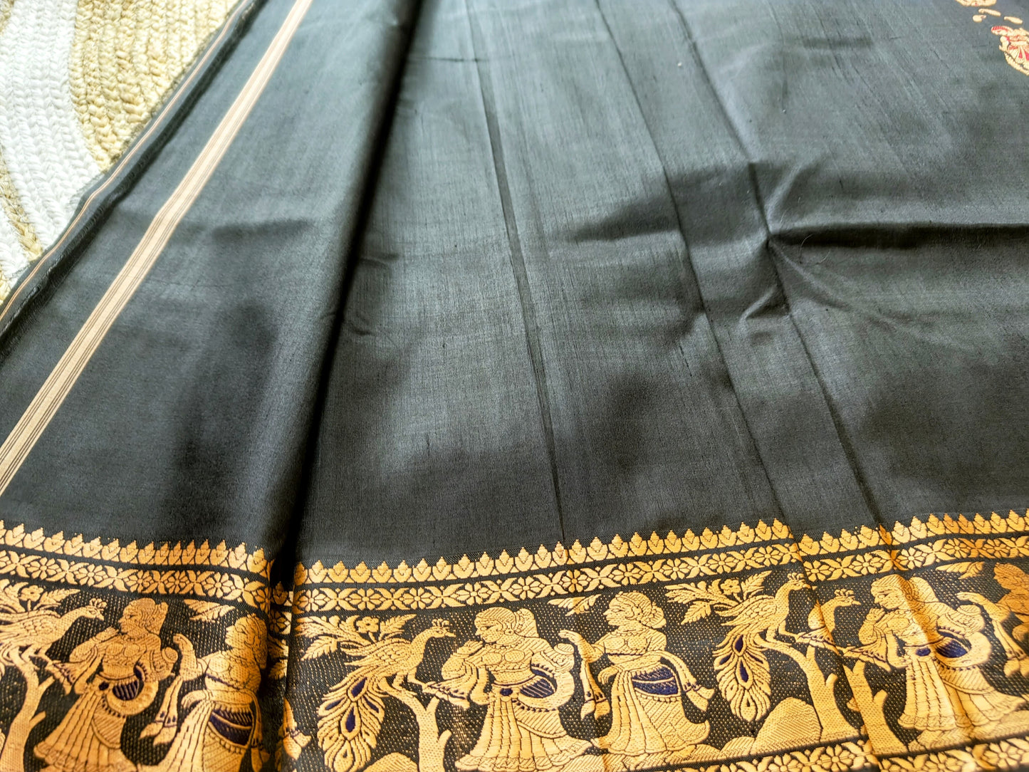 Sold out Pure Baluchari Authentic Saree in Black with Copper Resham and Red-Blue Minakari Work,- Sold in Bangalore