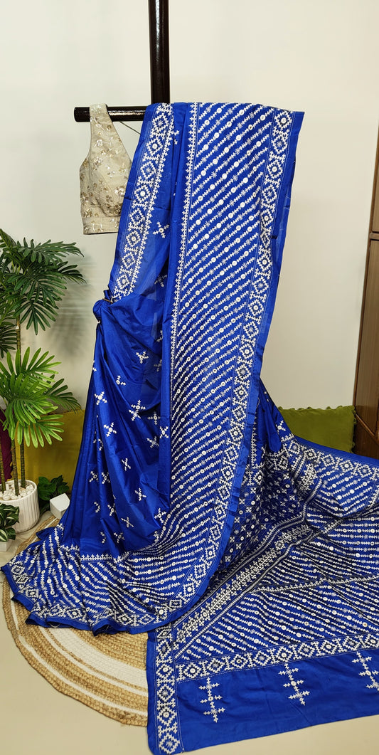 Blended Bangalore Silk Kantha Saree with Gujarati and Thousand Mirrors Embroidery