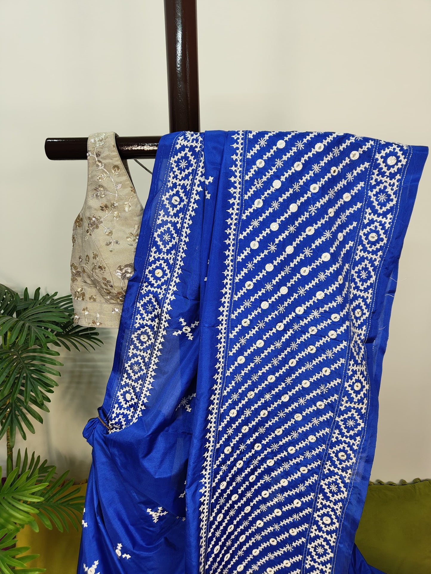 Blended Bangalore Silk Kantha Saree with Gujarati and Thousand Mirrors Embroidery