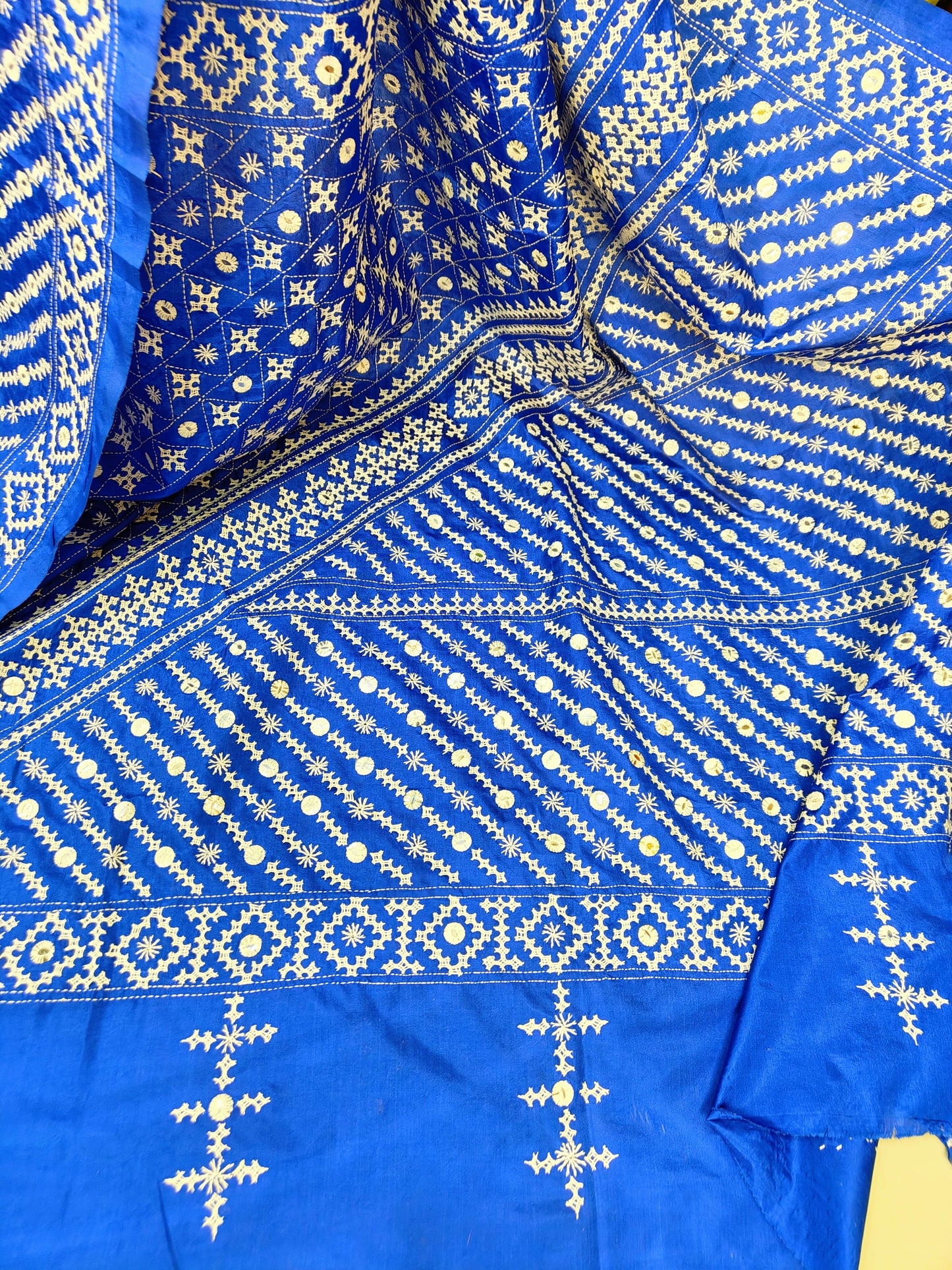 Blended Bangalore Silk Kantha Saree with Gujarati and Thousand Mirrors Embroidery