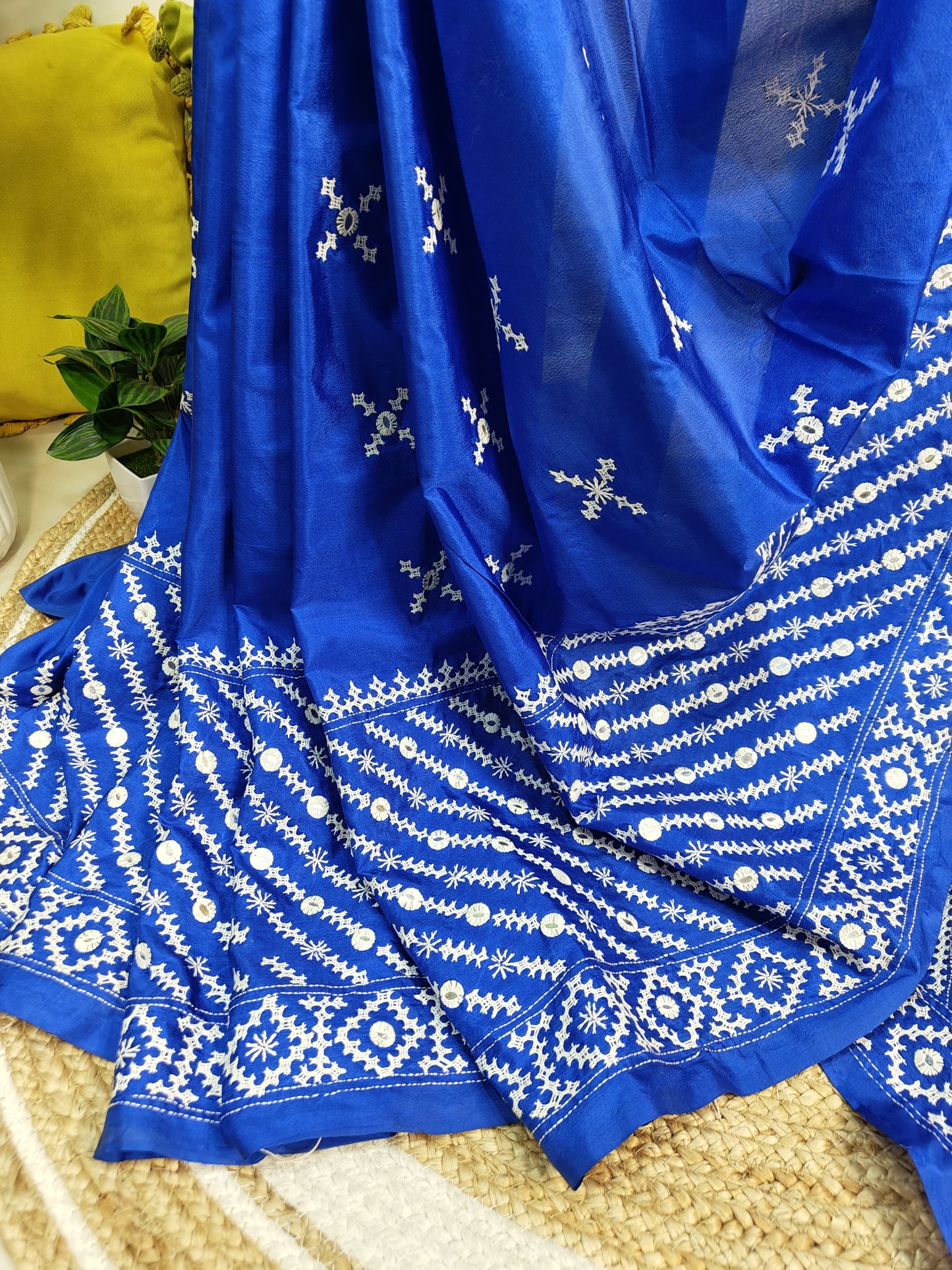 Blended Bangalore Silk Kantha Saree with Gujarati and Thousand Mirrors Embroidery