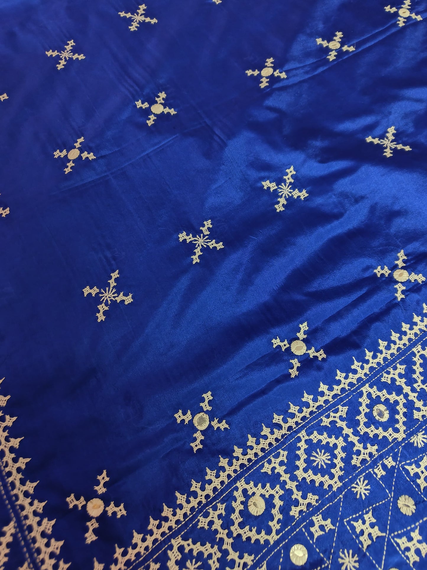 Blended Bangalore Silk Kantha Saree with Gujarati and Thousand Mirrors Embroidery