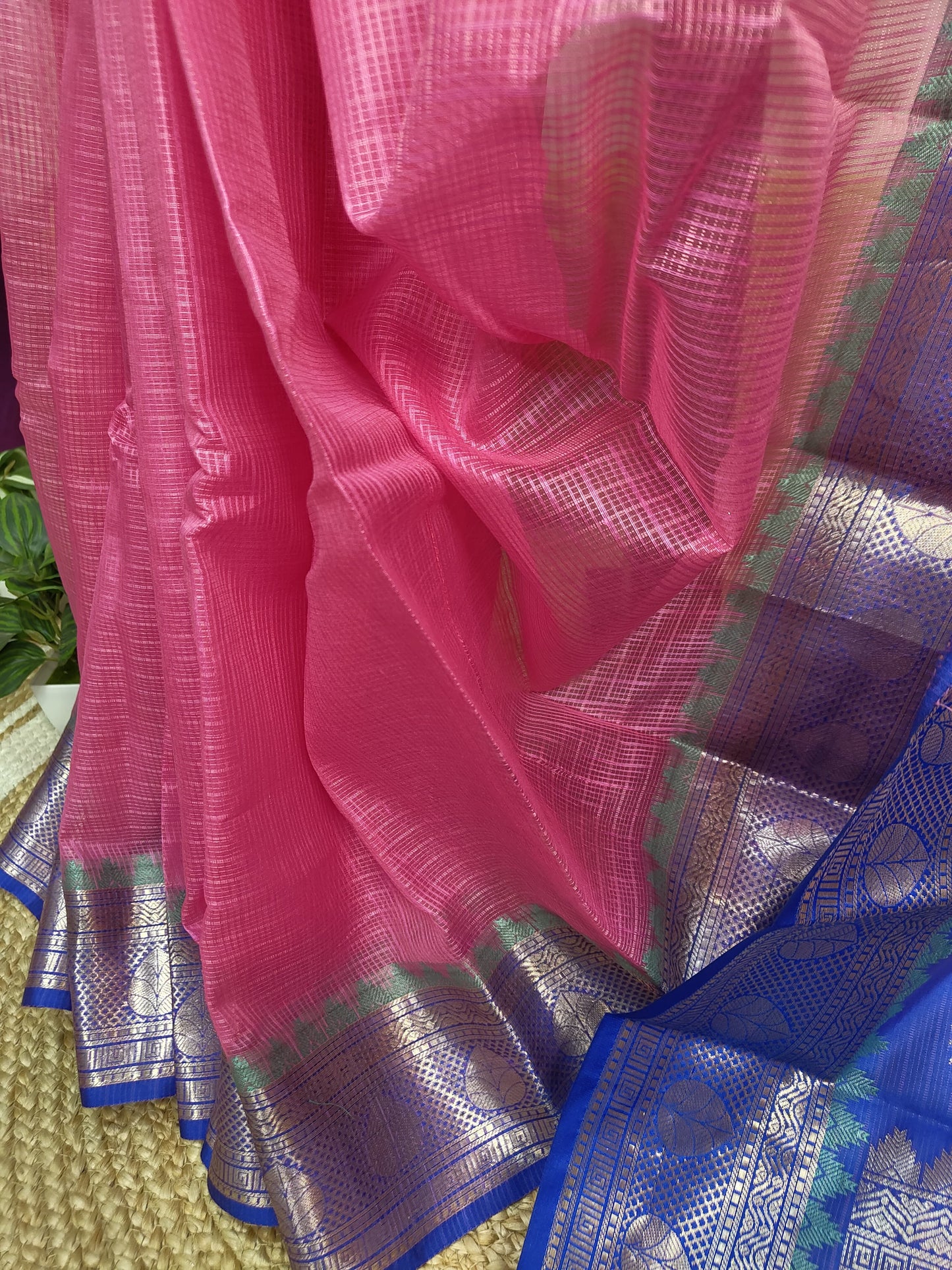 Kota Check Gadwal Semi Silk Saree with Ganga Yamuna Boarder