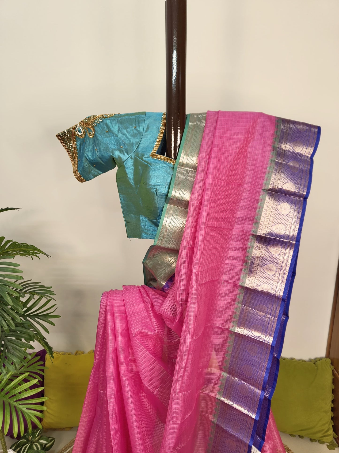 Kota Check Gadwal Semi Silk Saree with Ganga Yamuna Boarder