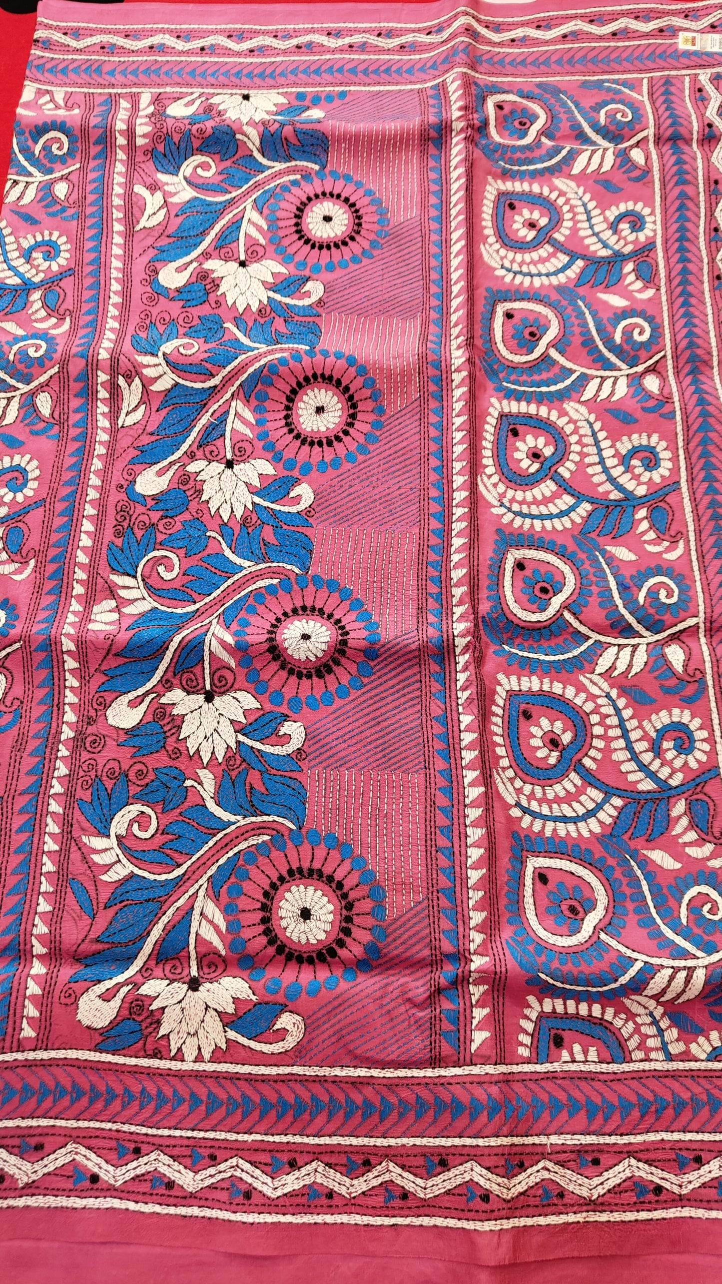 Pure Bangalore Silk Kantha Saree Hand Embroidered Elegance