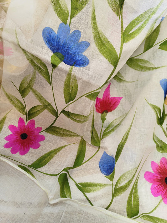 Hand-Painted Kerala Cotton Saree – Timeless White Elegance