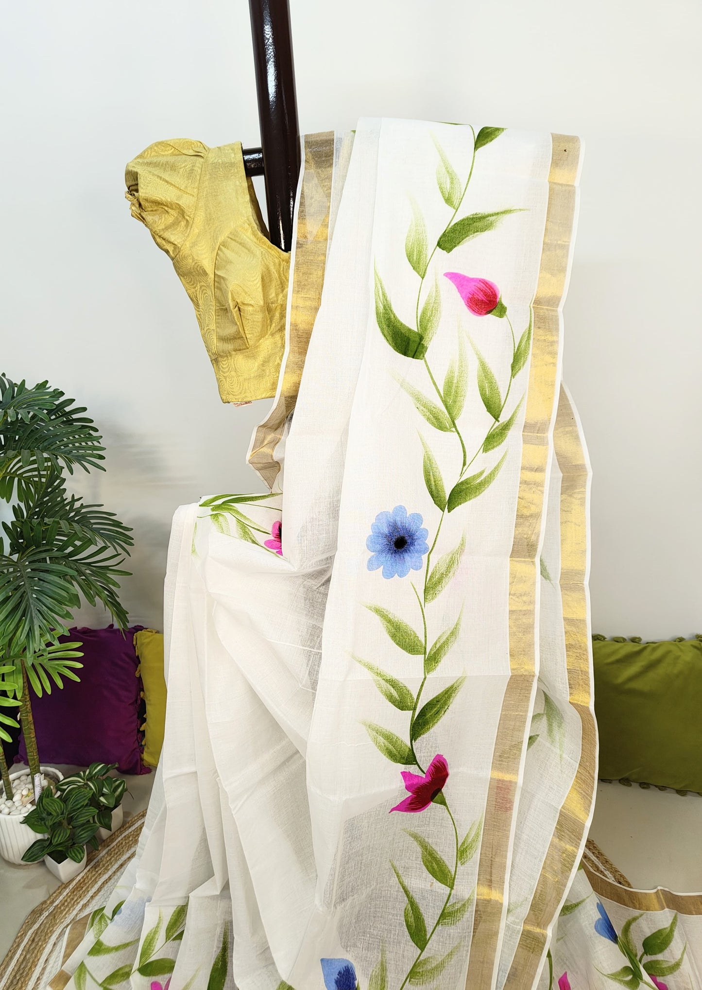 Hand-Painted Kerala Cotton Saree – Timeless White Elegance