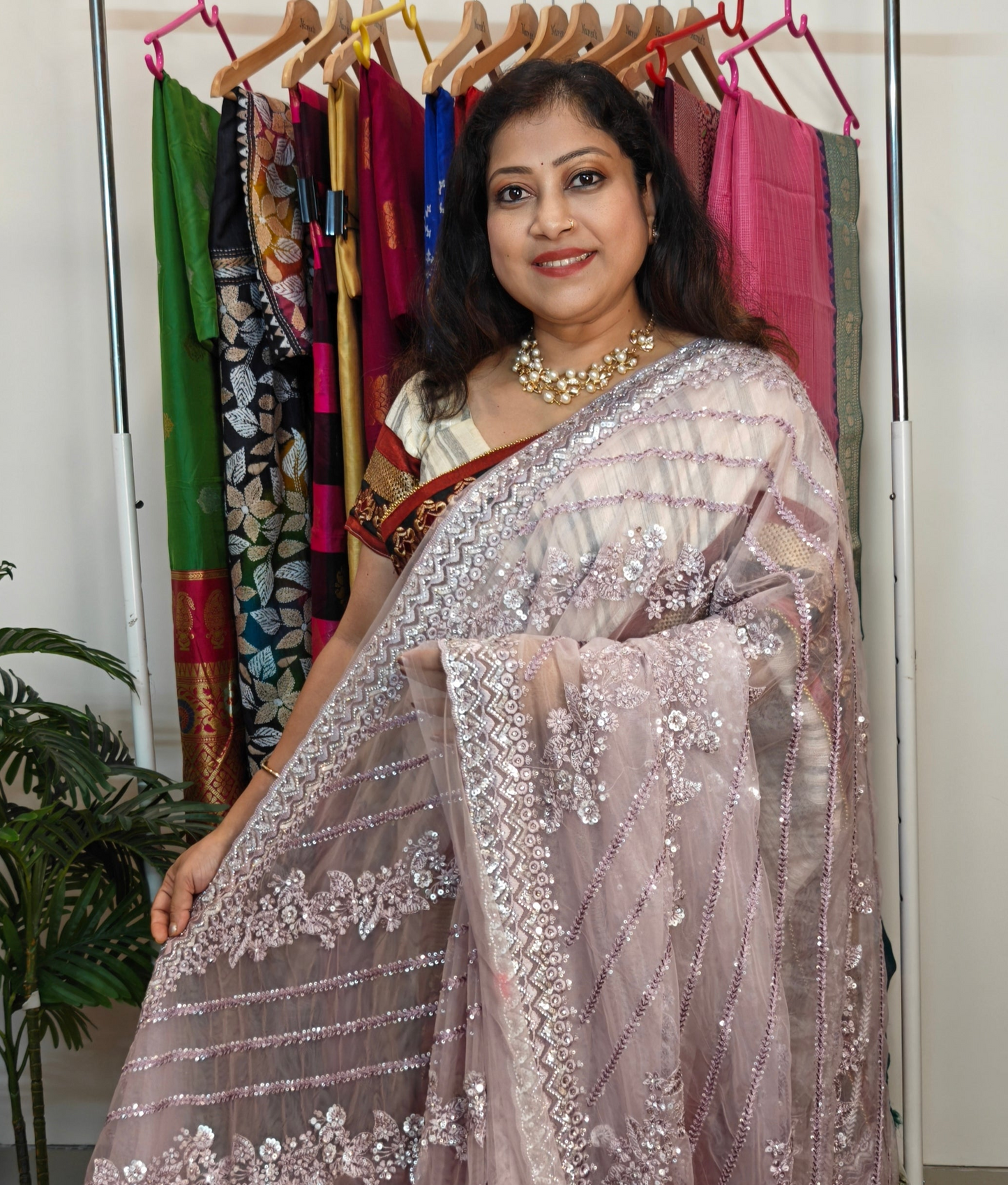 Party Wear Super Net Light Lavender Saree