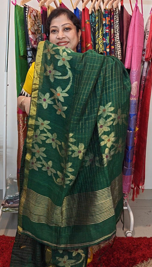 Handwoven Linen Jamdani Saree with Zari Check work