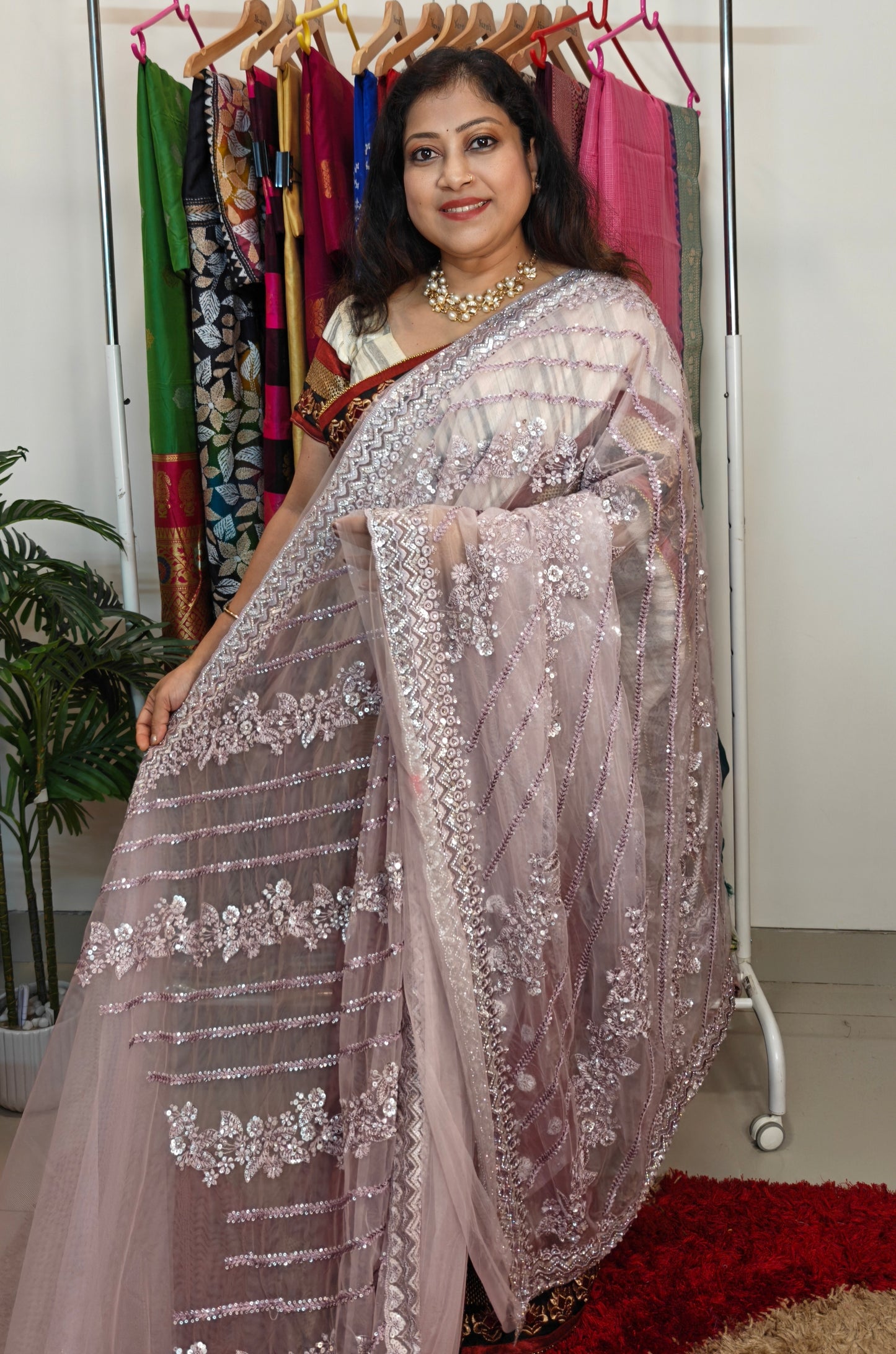Party Wear Super Net Light Lavender Saree