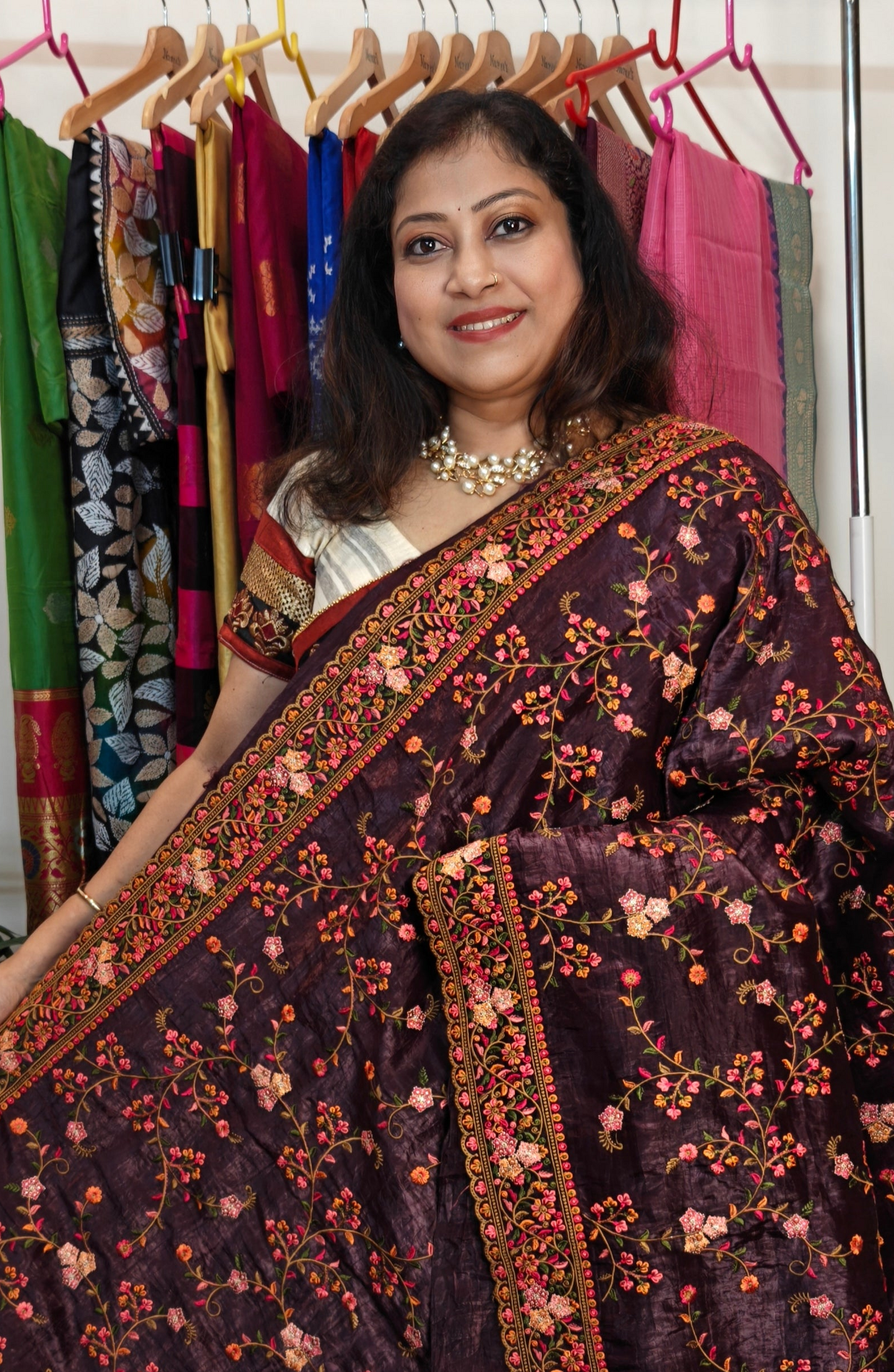 Glass Tissue Embroidered Saree – Wine-Hued Elegance for Your Special Day