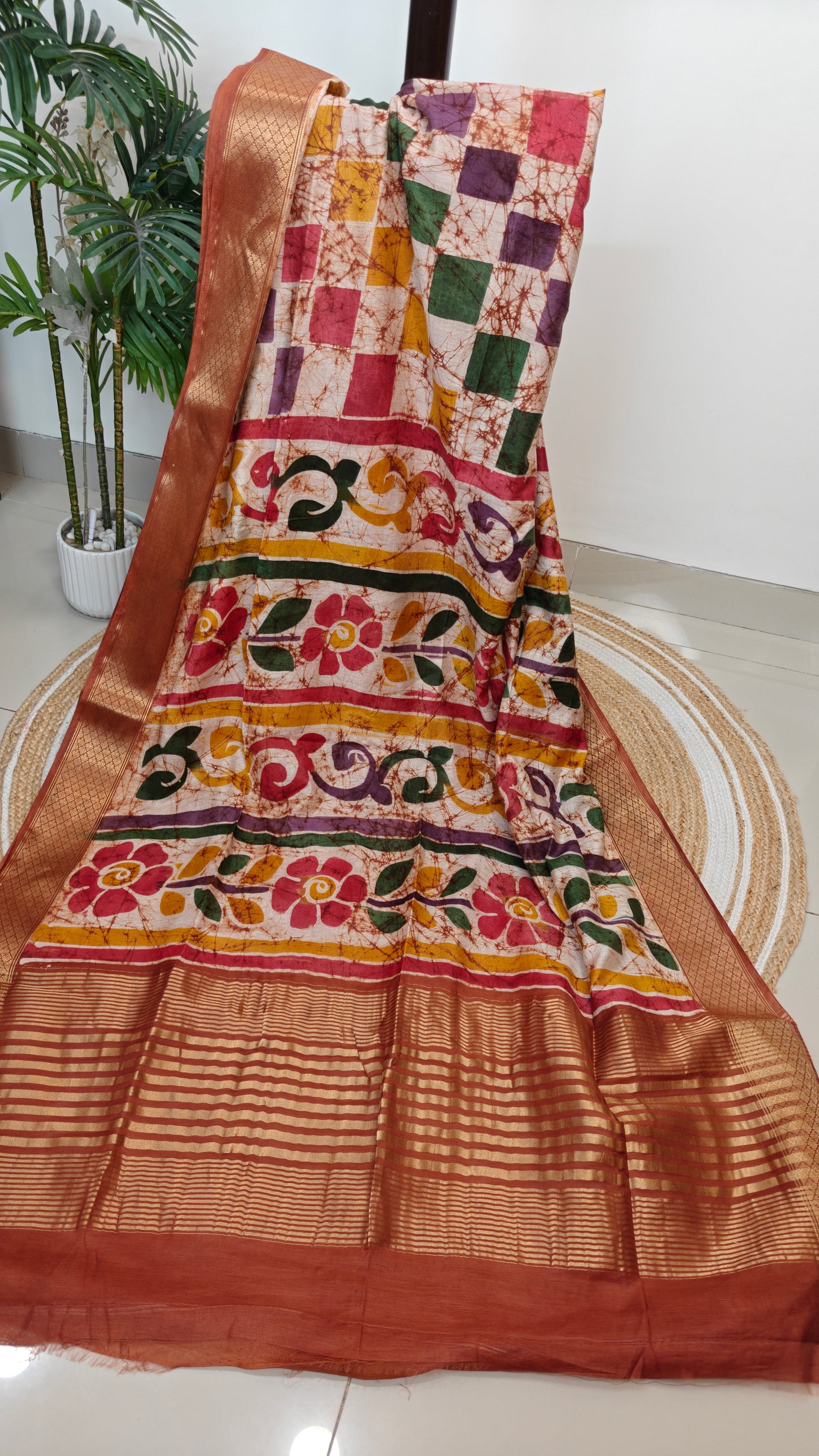 Maheswari Silk Wax Batik Saree with Zari Border