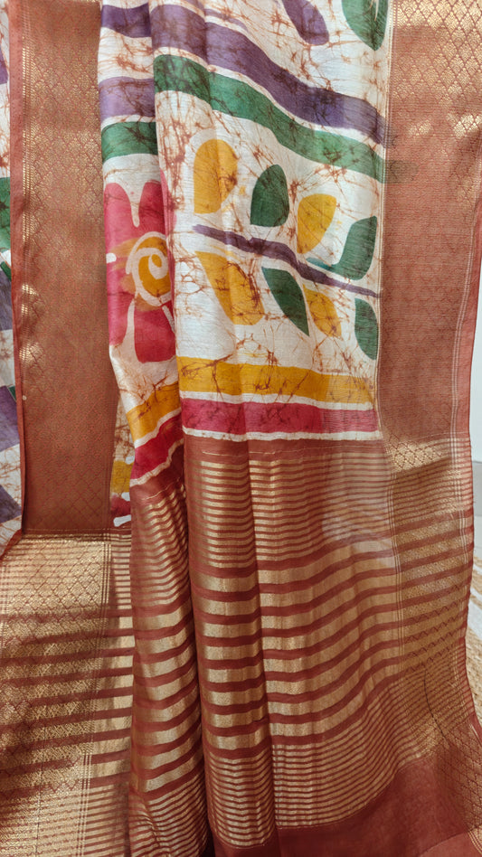 Maheswari Silk Wax Batik Saree with Zari Border
