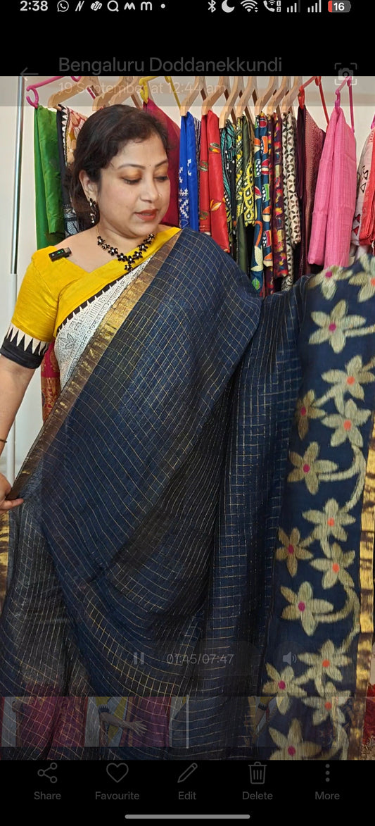 Handwoven Linen Jamdani Saree with Zari Check work