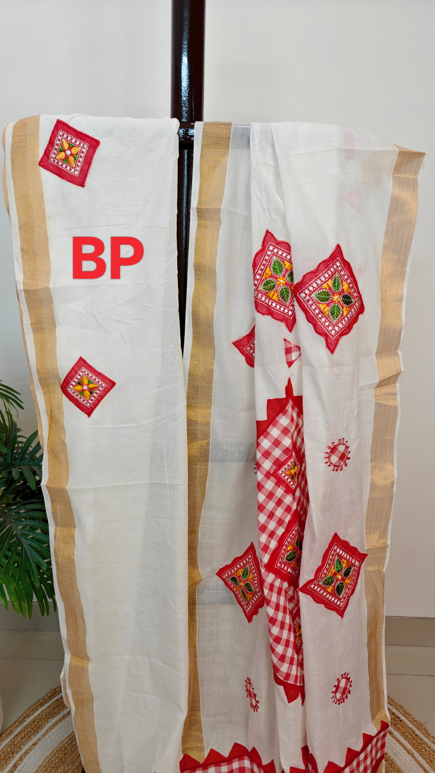 Authentic Pure Kerala Cotton Applique work Saree