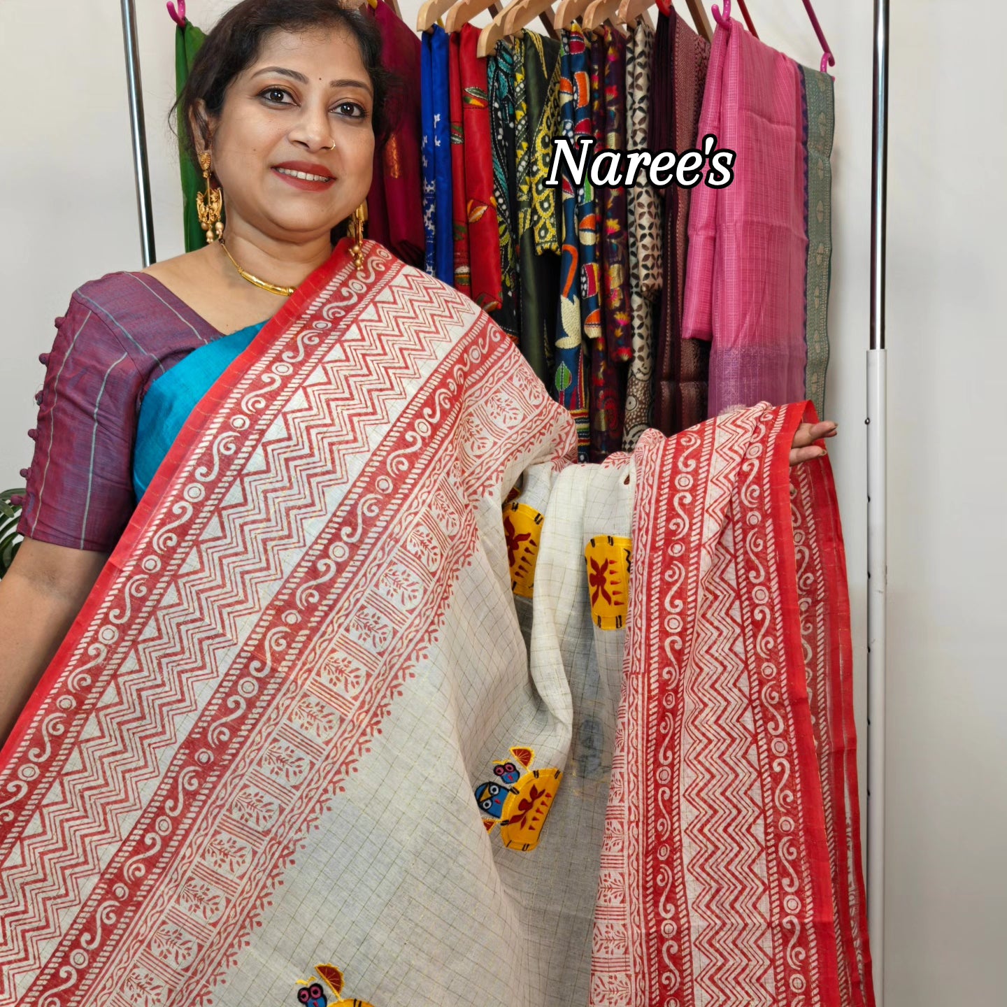 Sold out Authentic Pure Dhanekhali Zari Checker Cotton Applique and Block Print work Saree