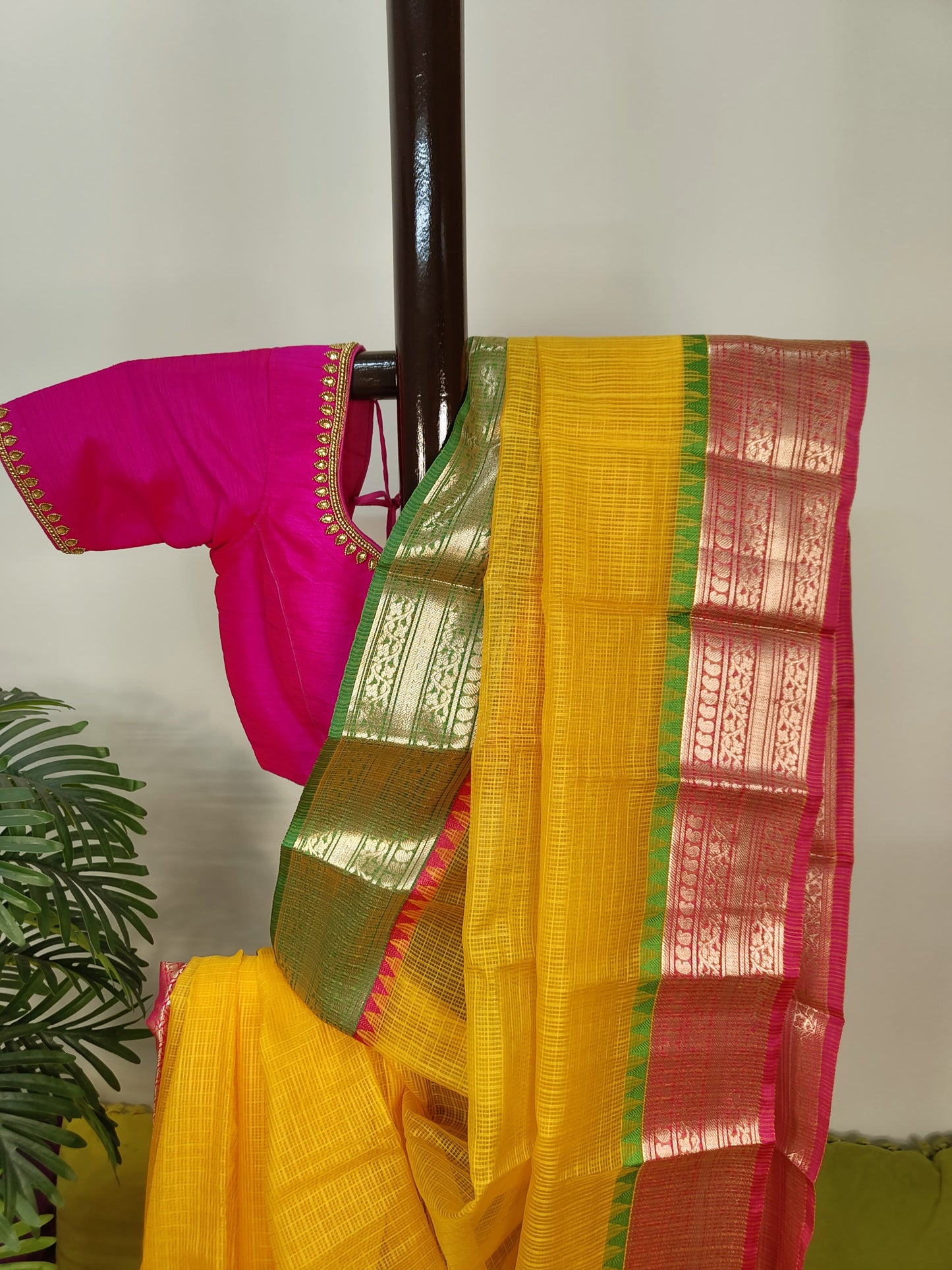 Kota Check Gadwal Semi Silk Saree with Ganga Yamuna Boarder