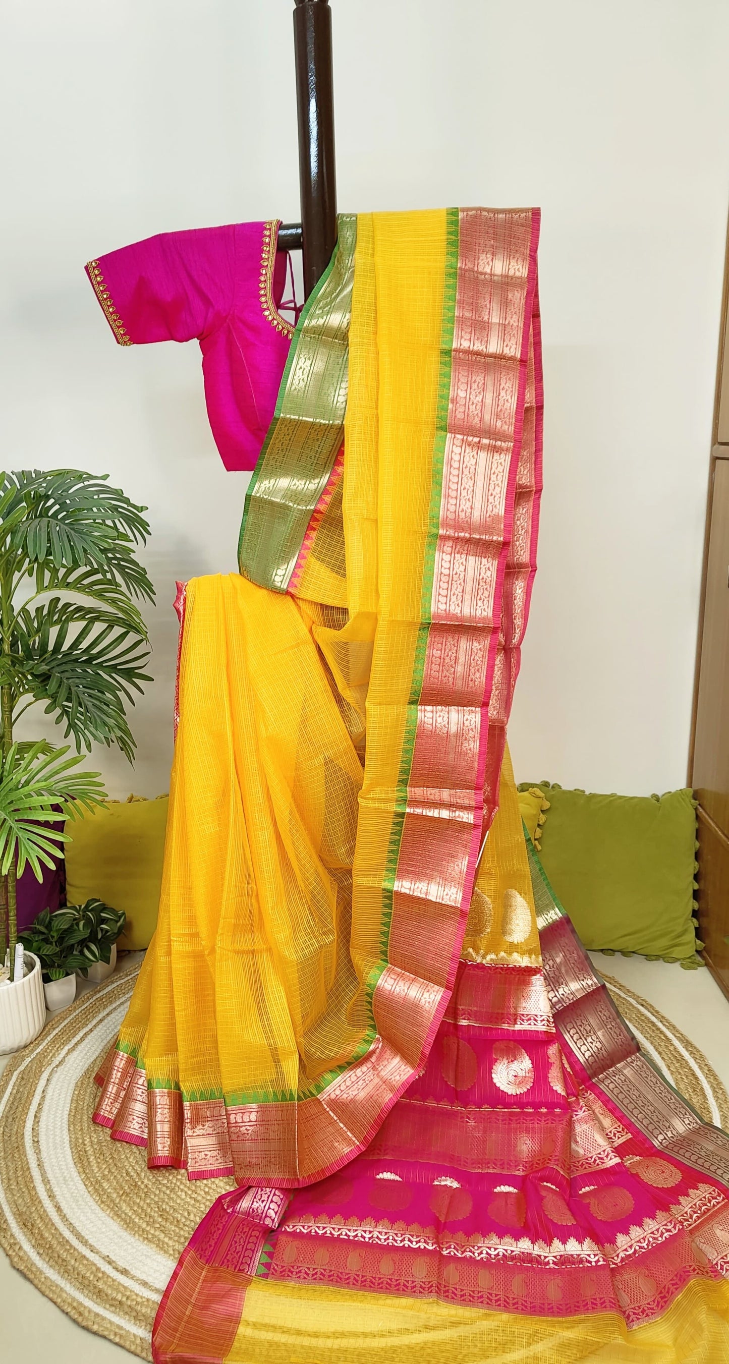 Kota Check Gadwal Semi Silk Saree with Ganga Yamuna Boarder