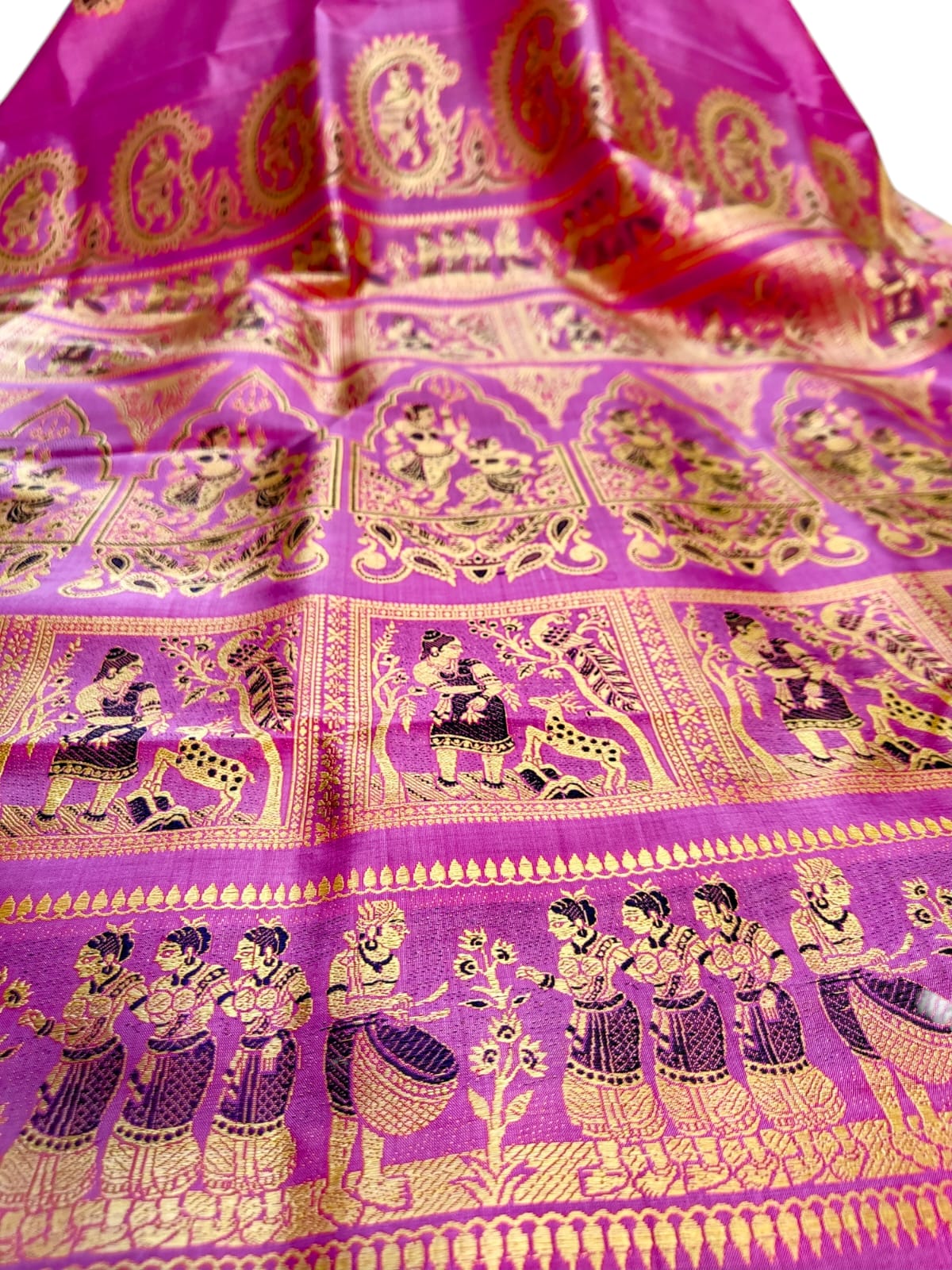 Pure Baluchari Saree 3 Ply in Pink with Golden Reshom and Navy Blue Minakari Work