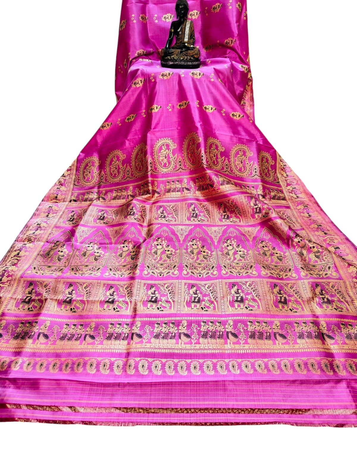Pure Baluchari Saree 3 Ply in Pink with Golden Reshom and Navy Blue Minakari Work