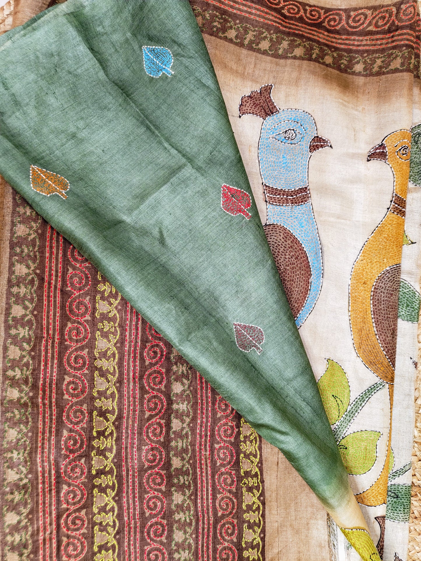 Sold Out Pure Tussar Gachi Silk Kantha Saree– An Artistic Contemporary festive Saree-Sold in Bangalore