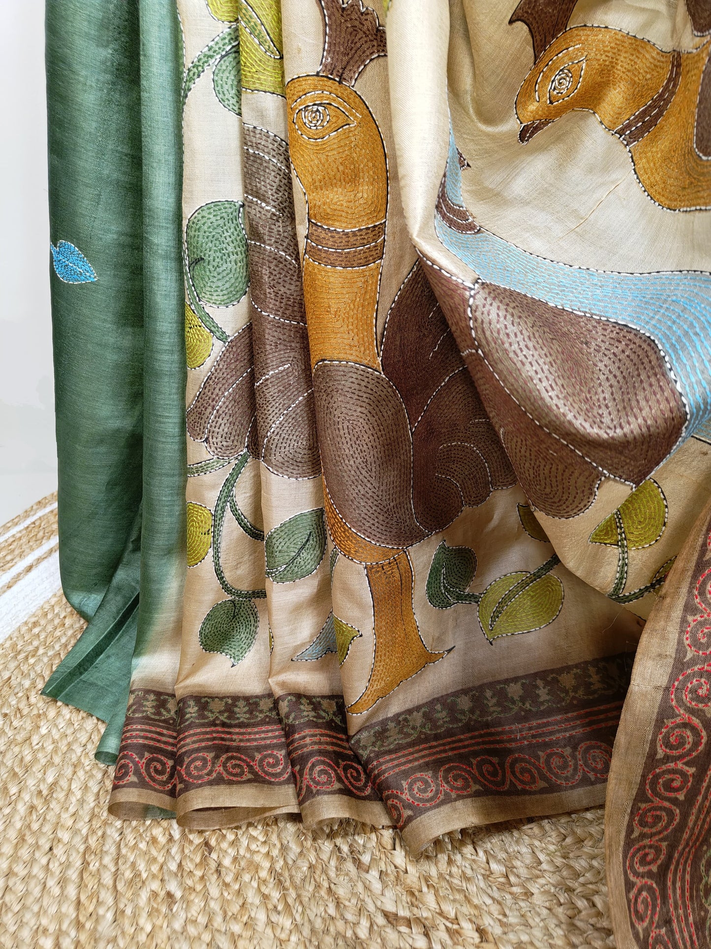 Sold Out Pure Tussar Gachi Silk Kantha Saree– An Artistic Contemporary festive Saree-Sold in Bangalore