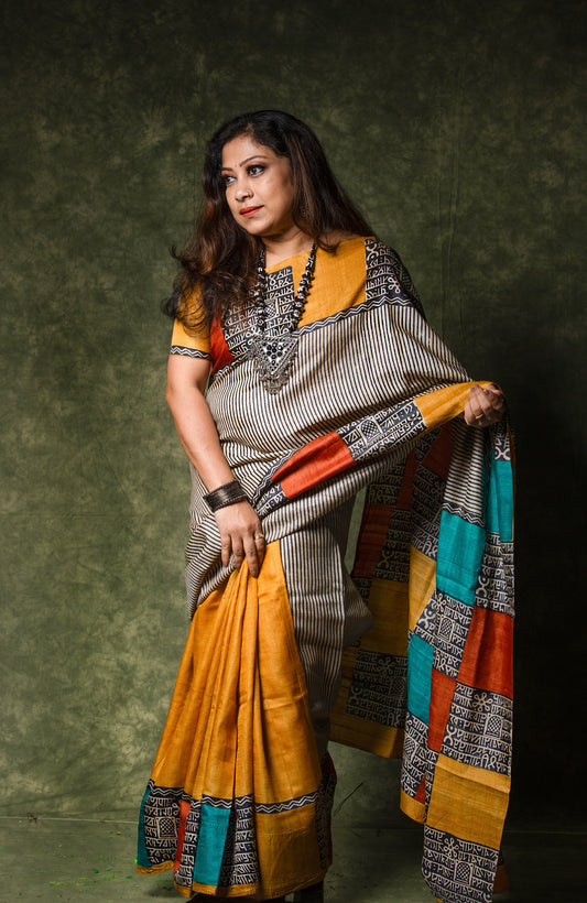 Exclusive Contemporary Hand Block Print Pure Tussar Sarees