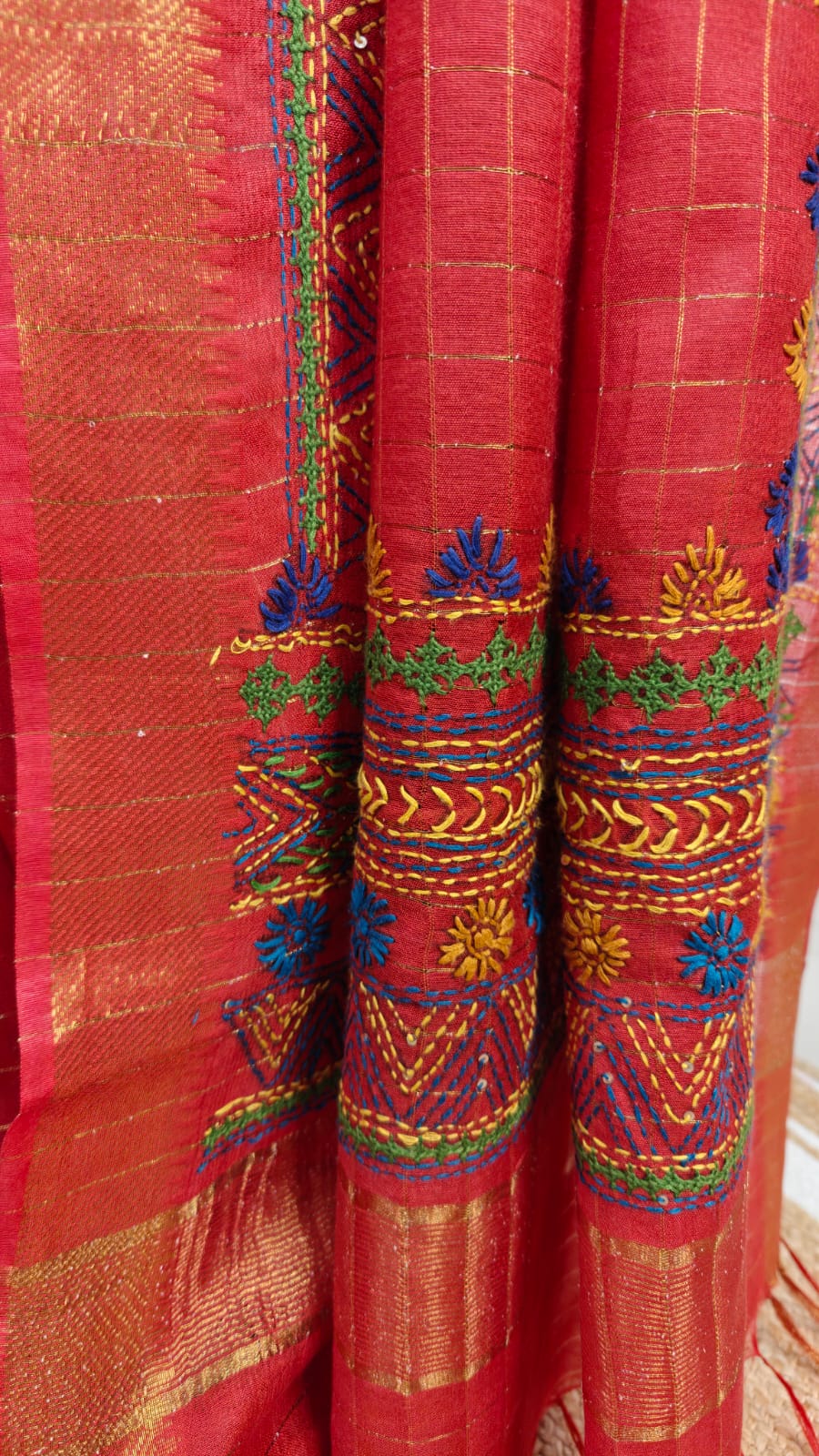 Sold out Authentic Mangalgiri Check Cotton Saree – Red Zari Border with Lumbani Handwork