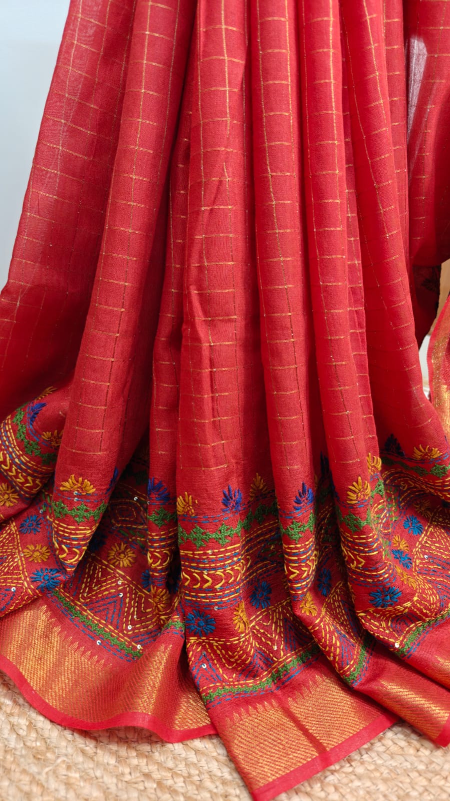 Sold out Authentic Mangalgiri Check Cotton Saree – Red Zari Border with Lumbani Handwork