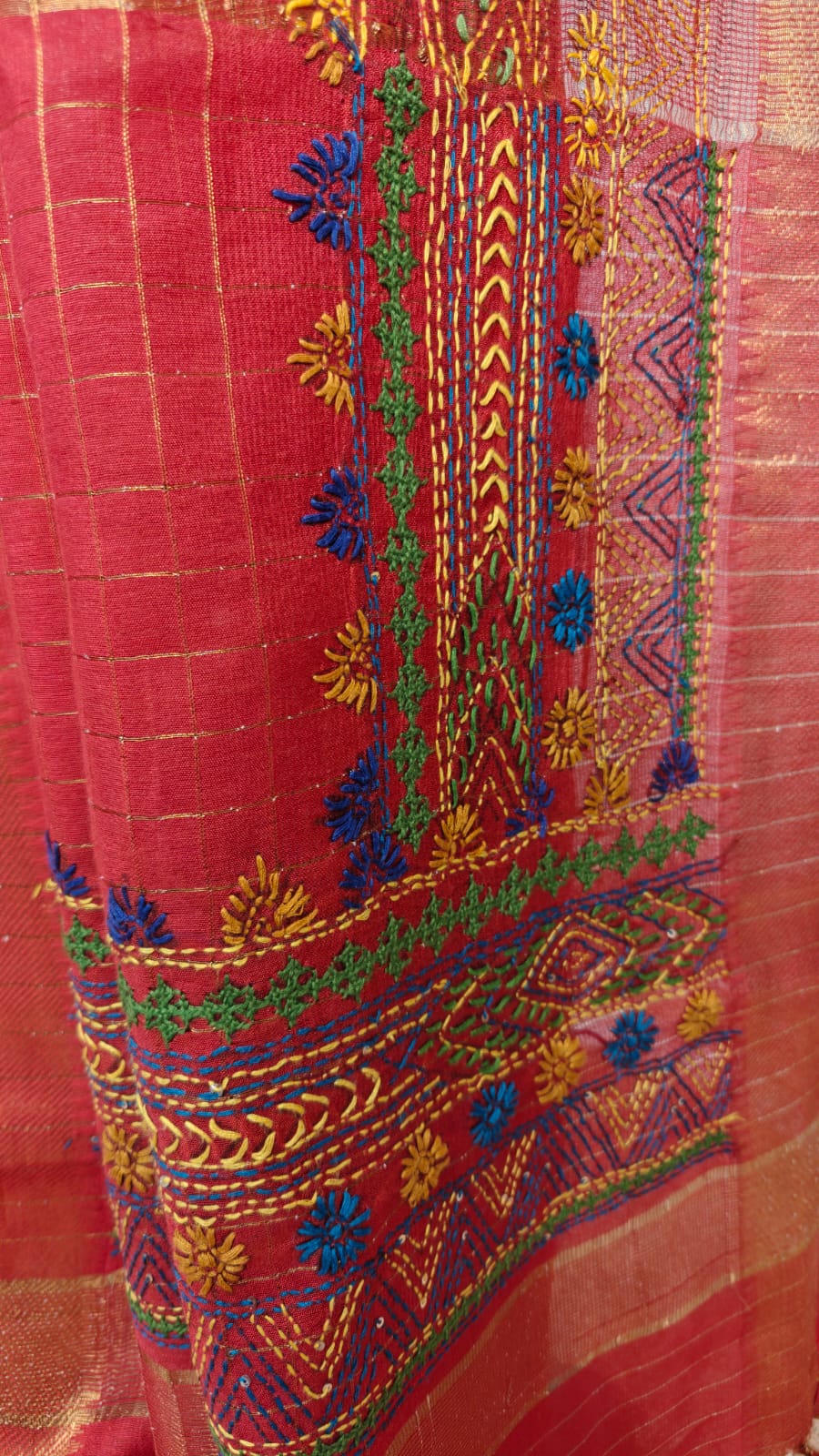 Sold out Authentic Mangalgiri Check Cotton Saree – Red Zari Border with Lumbani Handwork