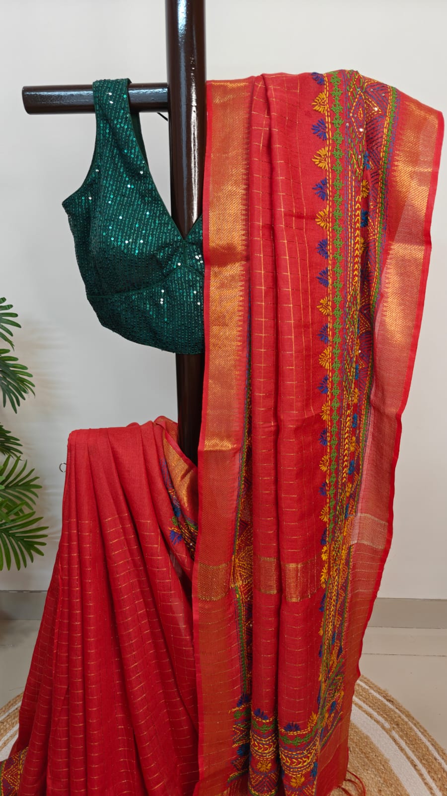 Sold out Authentic Mangalgiri Check Cotton Saree – Red Zari Border with Lumbani Handwork
