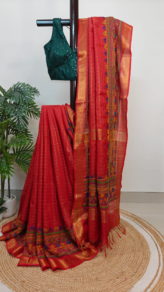Sold out Authentic Mangalgiri Check Cotton Saree – Red Zari Border with Lumbani Handwork