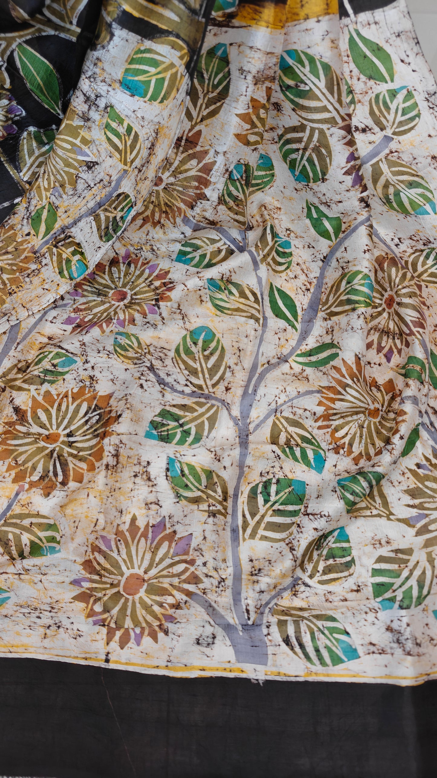 Sold out Pure Murshidabad 3-Ply Silk Mom batik Hand painted Saree – Sunshine & and Petals- Sold in Bangalore